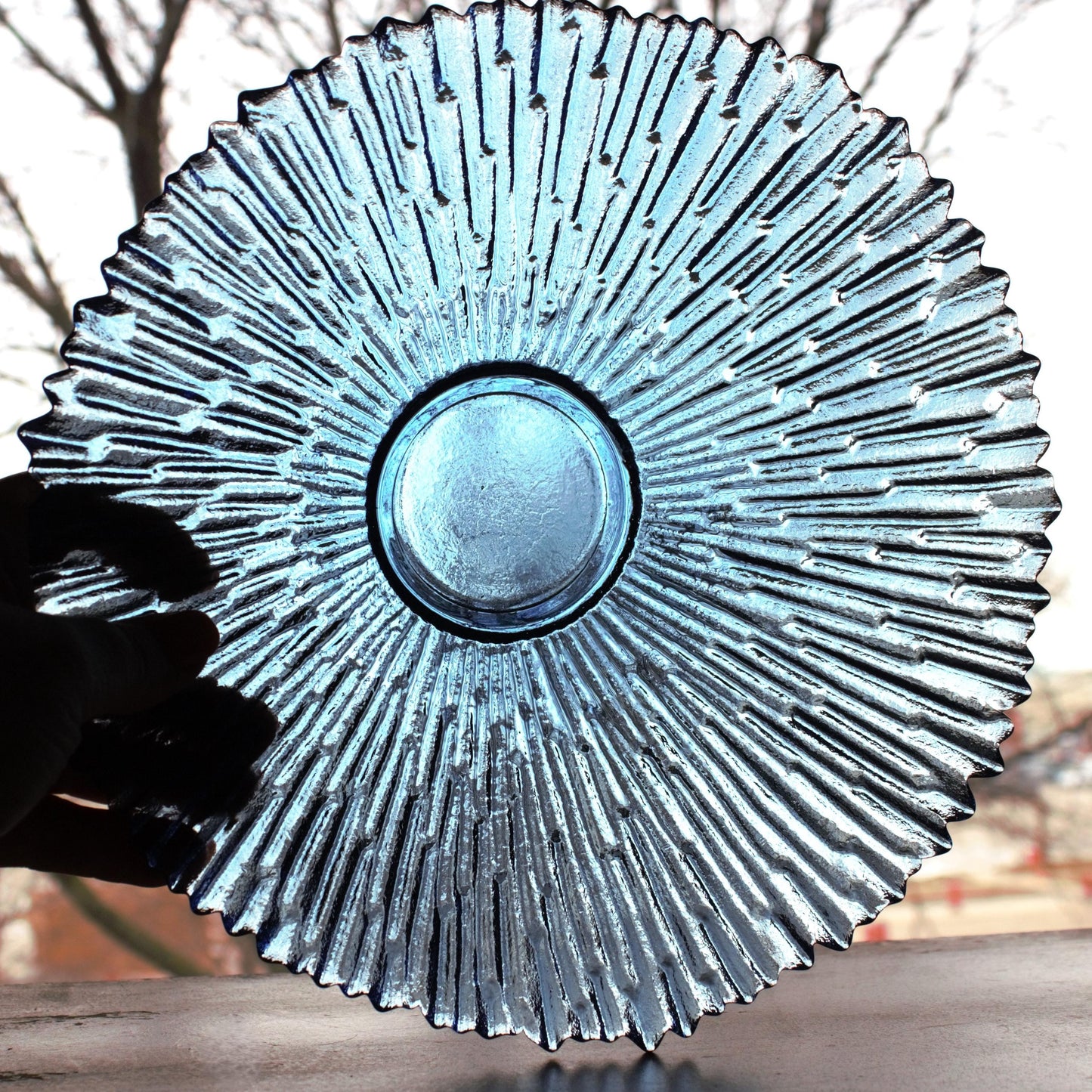 Navy Blue Glass Fruit Bowl: Scalloped Edge Centerpiece, 10" Wide