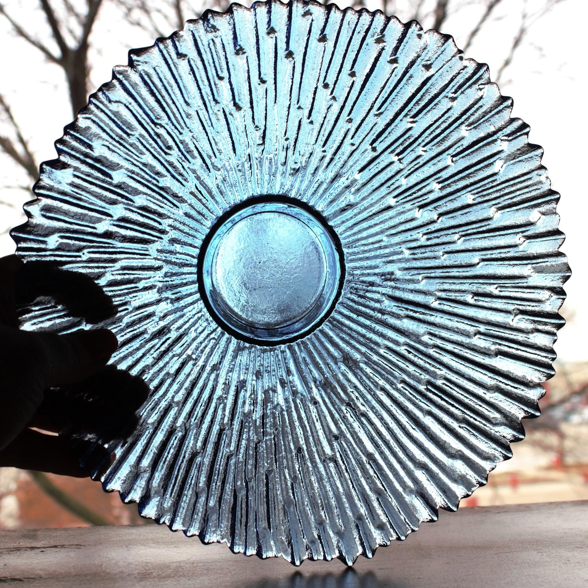 Navy Blue Glass Fruit Bowl: Scalloped Edge Centerpiece, 10" Wide