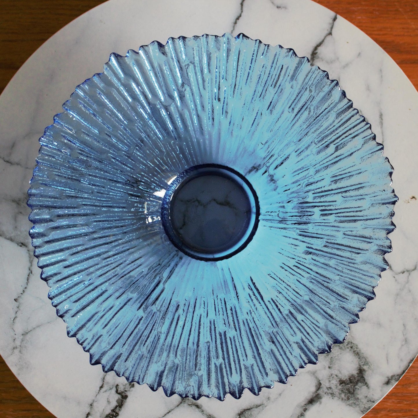 Navy Blue Glass Fruit Bowl: Scalloped Edge Centerpiece, 10" Wide