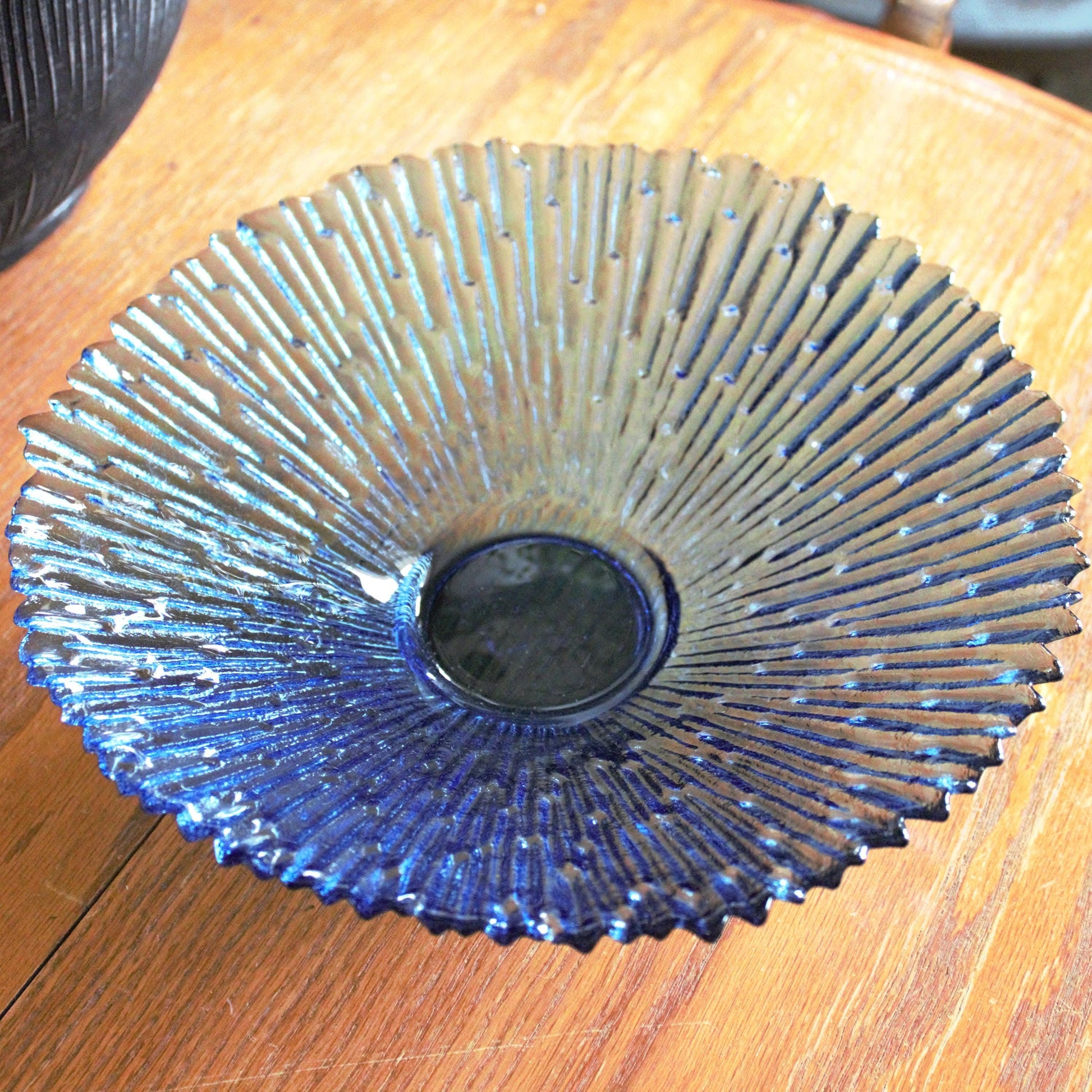 Navy Blue Glass Fruit Bowl: Scalloped Edge Centerpiece, 10" Wide