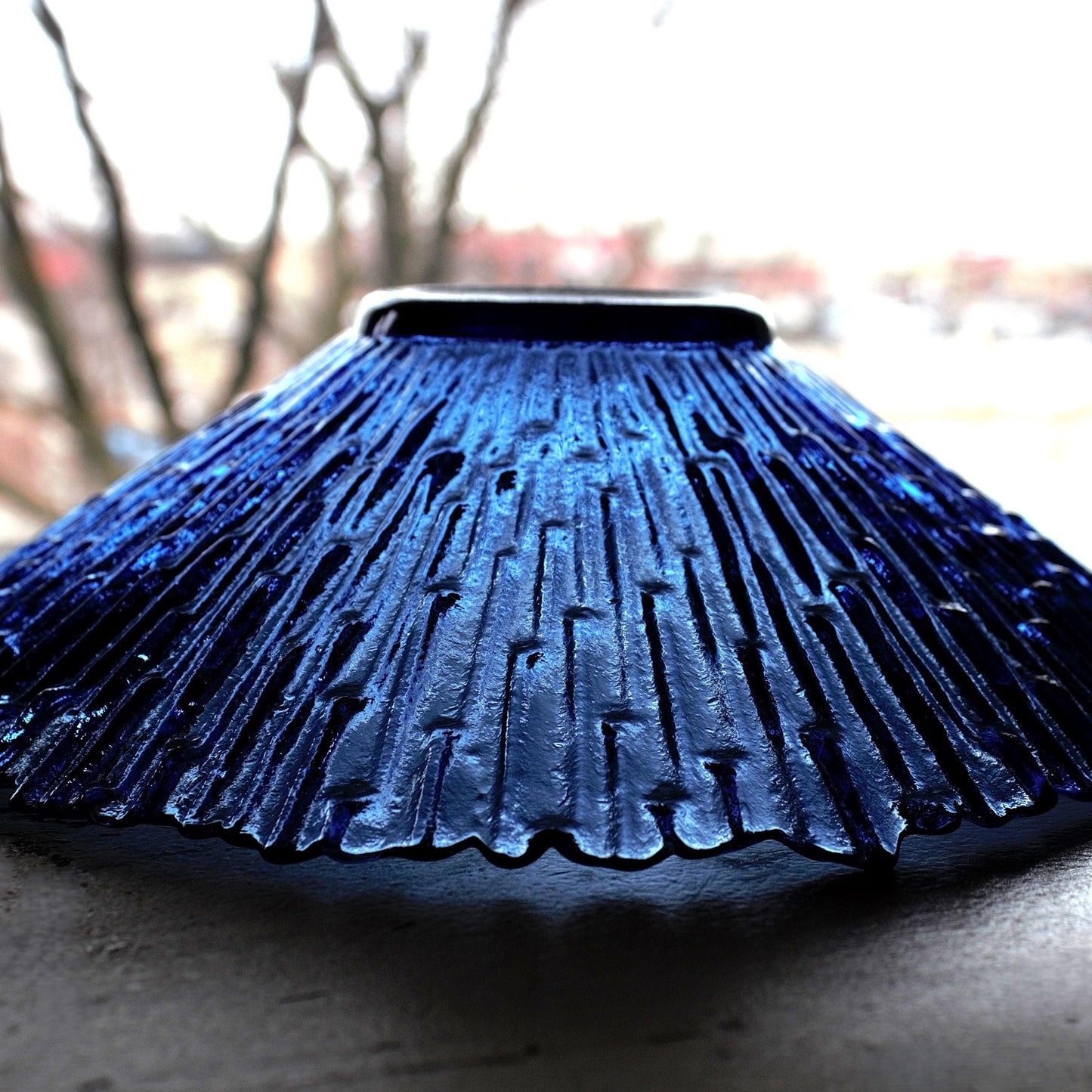 Navy Blue Glass Fruit Bowl: Scalloped Edge Centerpiece, 10" Wide