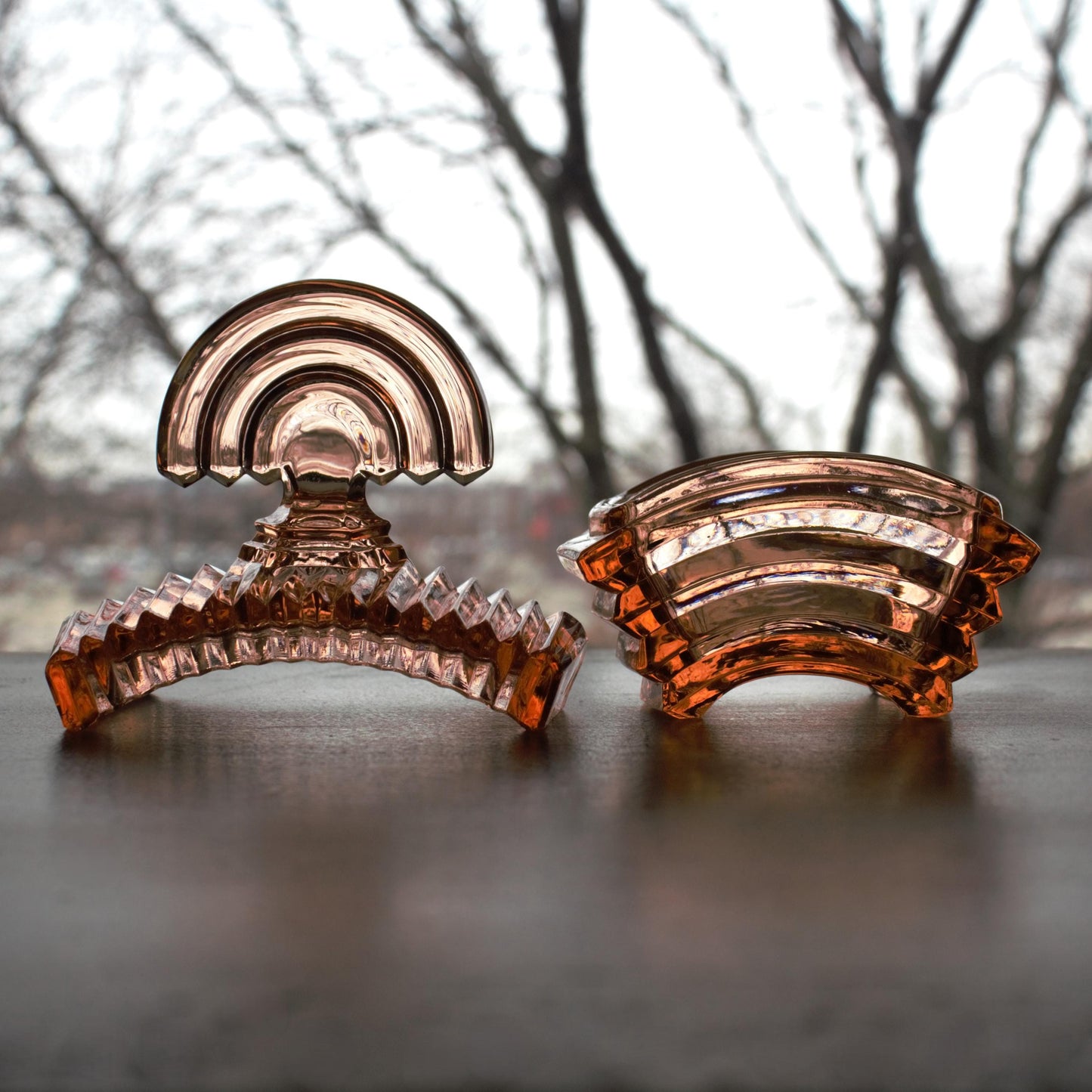 Art Deco Glass Powder Bowl: Light Amber Vanity Piece
