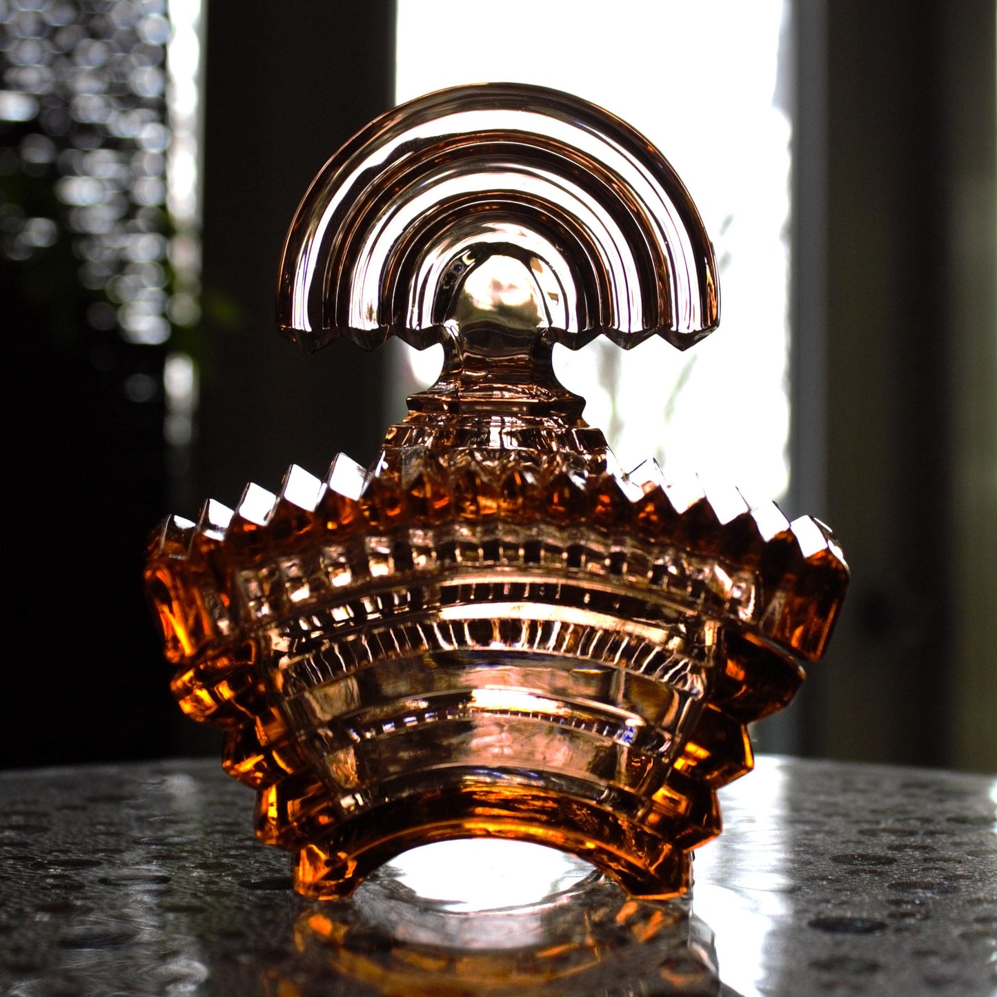 Art Deco Glass Powder Bowl: Light Amber Vanity Piece