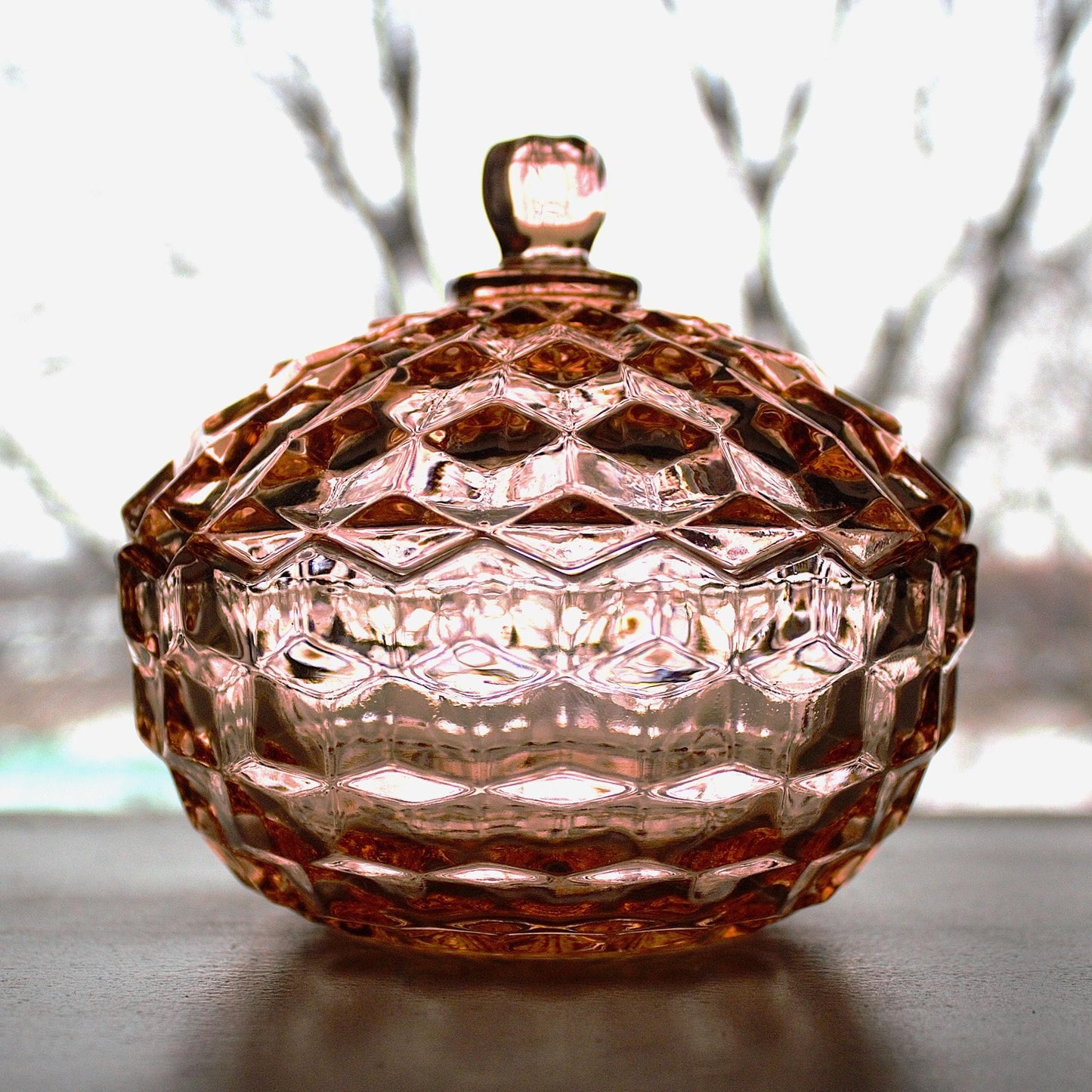 Vintage Whitehall Pink Glass Candy Dish with Lid: Cubist Bowl