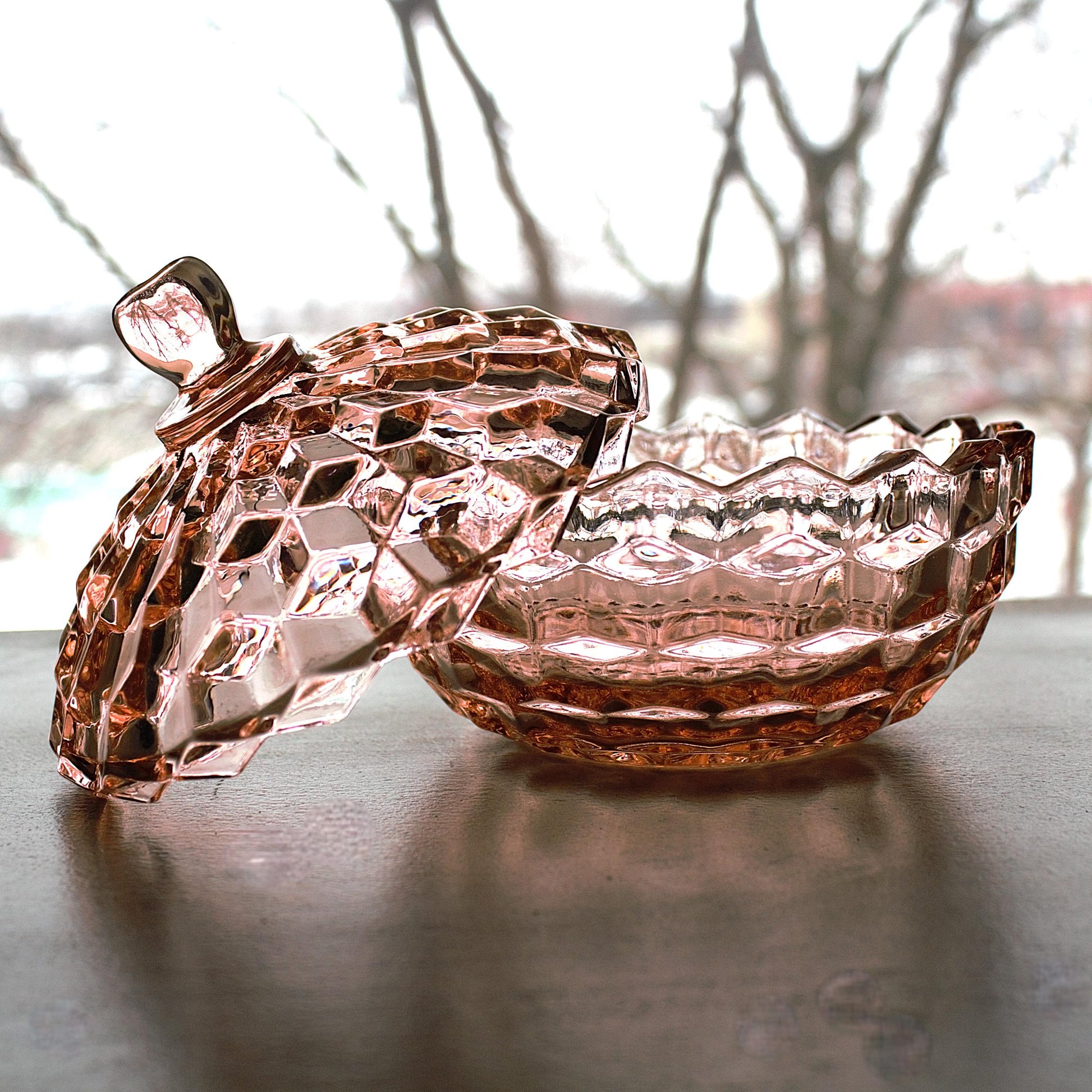 Vintage Whitehall Pink Glass Candy Dish with Lid: Cubist Bowl