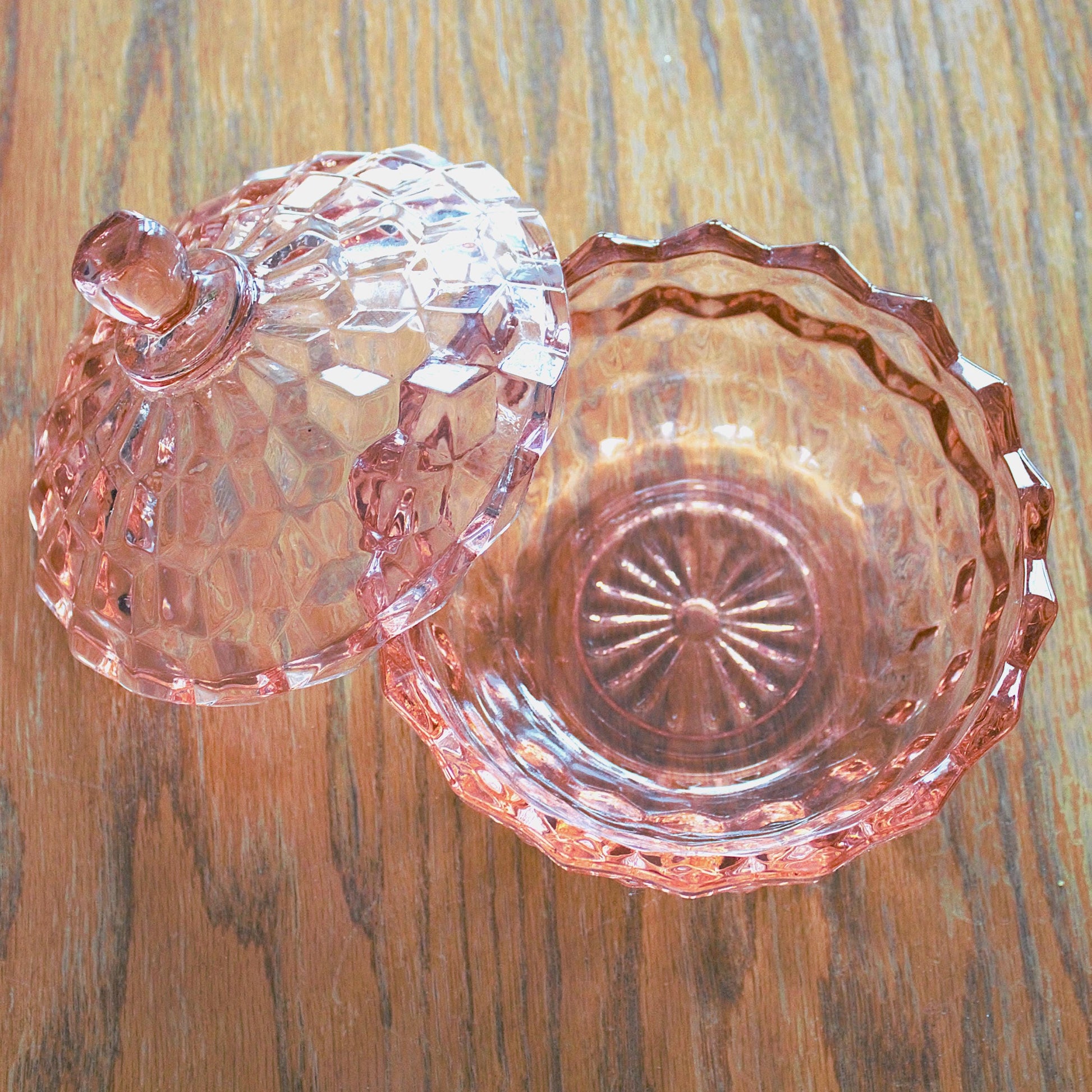 Vintage Whitehall Pink Glass Candy Dish with Lid: Cubist Bowl