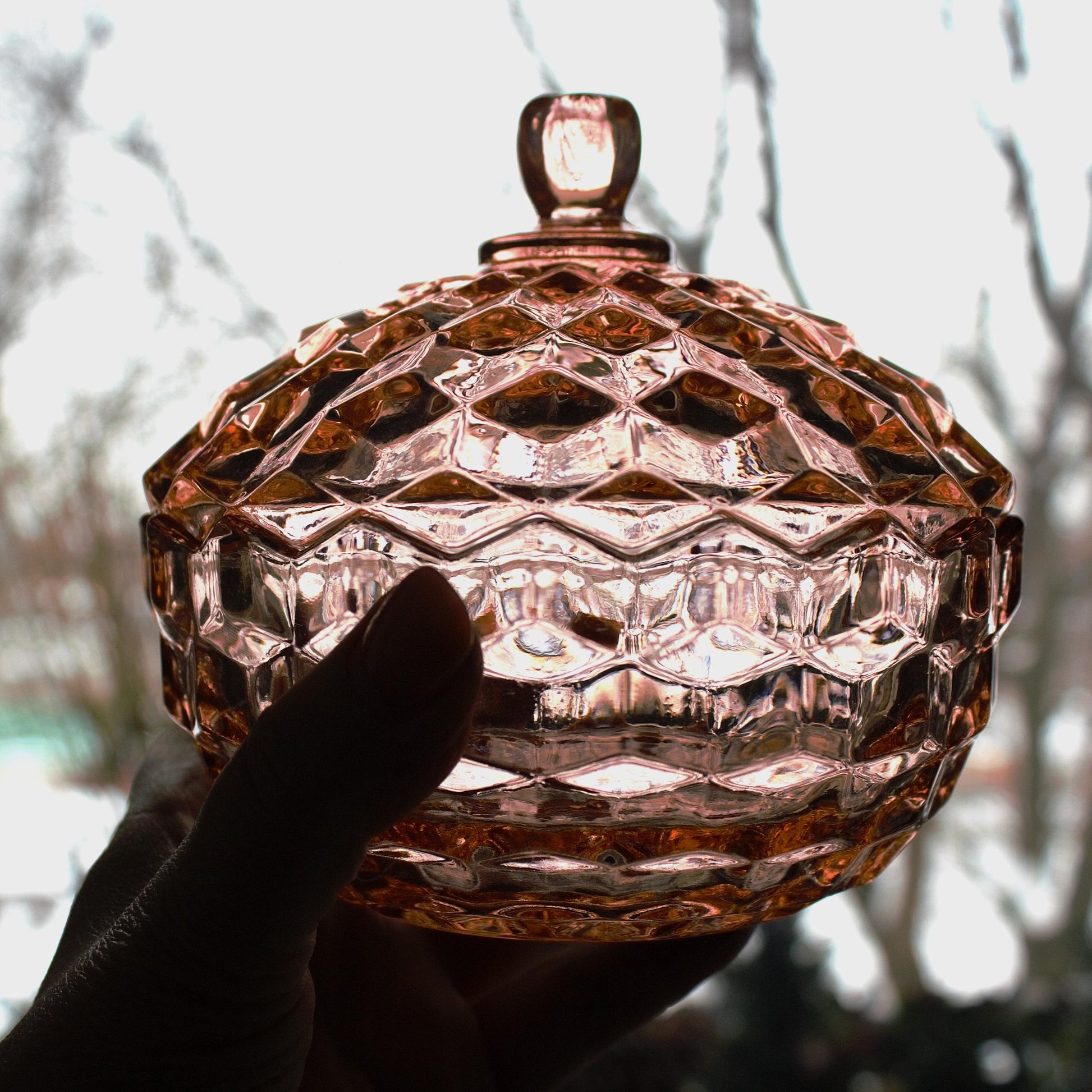 Vintage Whitehall Pink Glass Candy Dish with Lid: Cubist Bowl