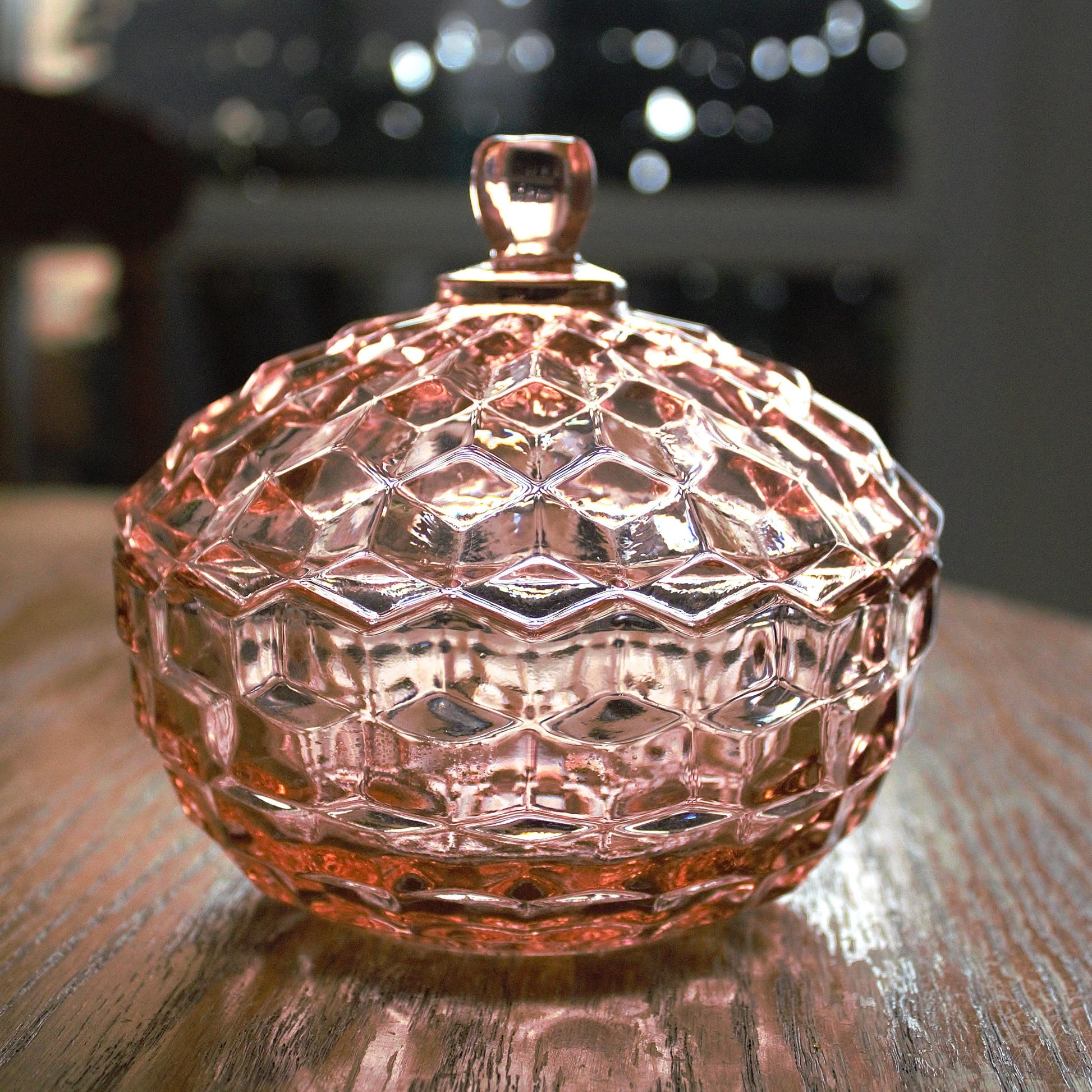 Vintage Whitehall Pink Glass Candy Dish with Lid: Cubist Bowl