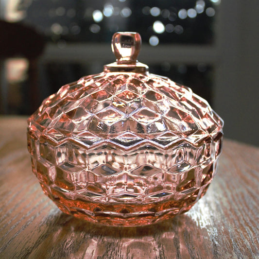 Vintage Whitehall Pink Glass Candy Dish with Lid: Cubist Bowl