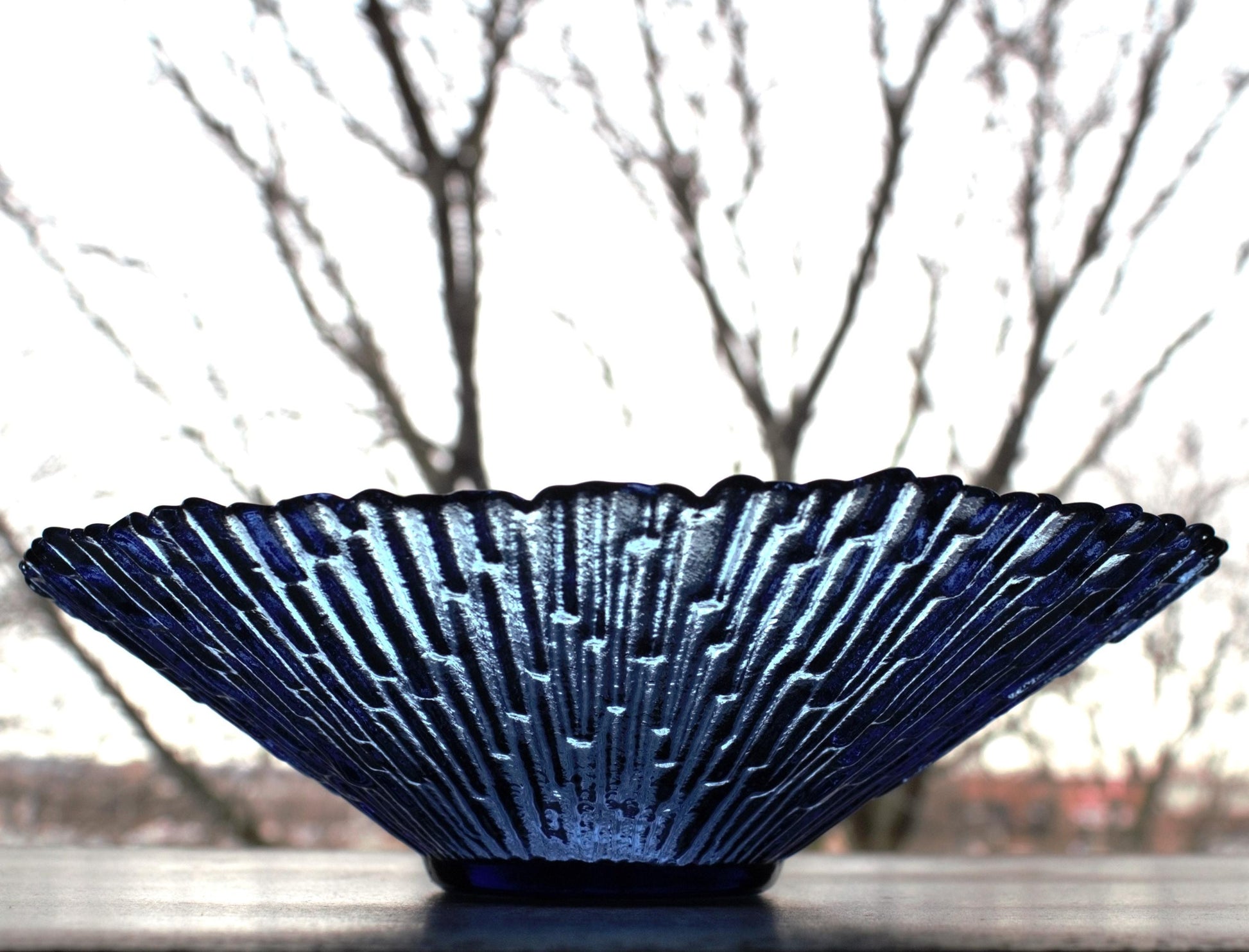 Navy Blue Glass Fruit Bowl: Scalloped Edge Centerpiece, 10" Wide