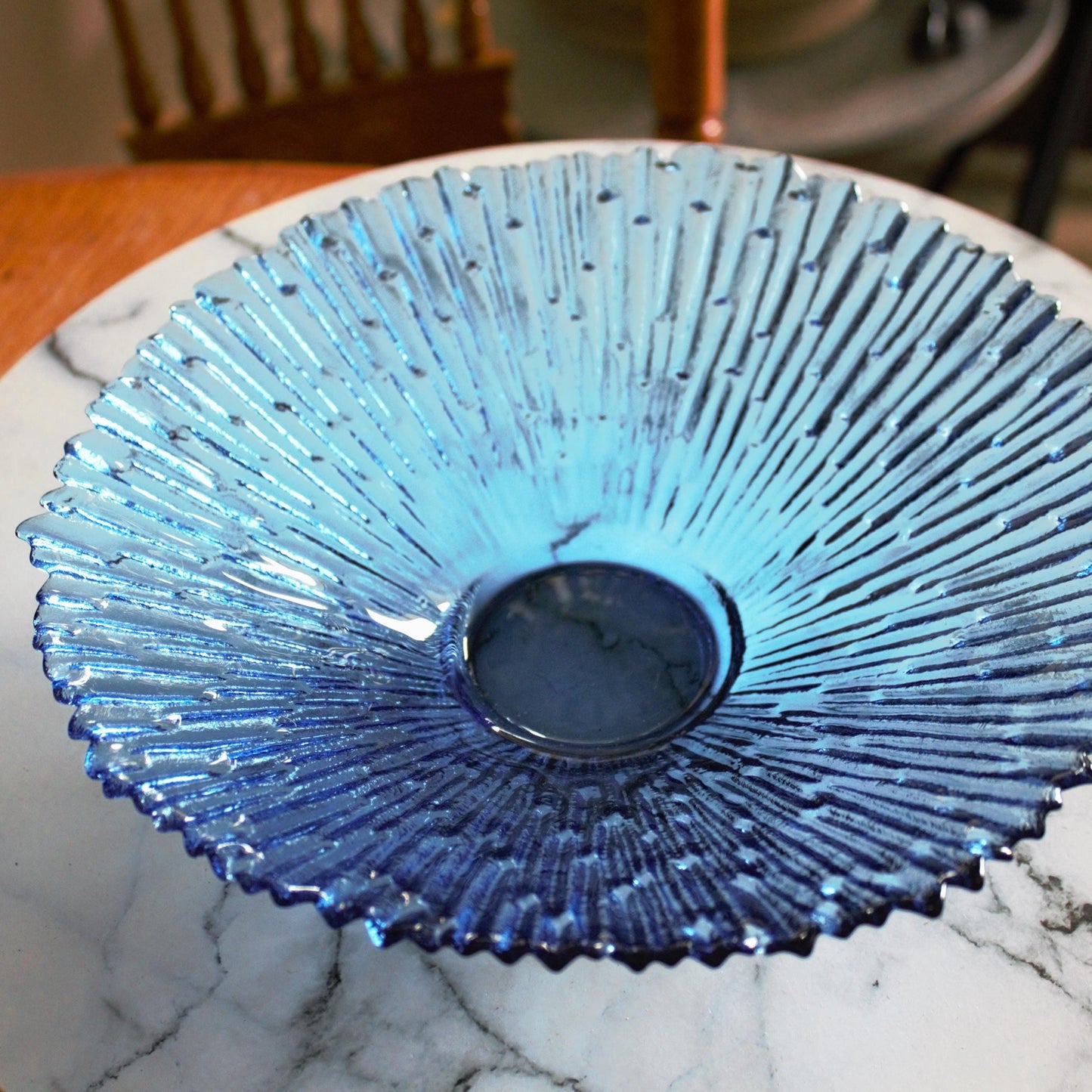 Navy Blue Glass Fruit Bowl: Scalloped Edge Centerpiece, 10" Wide