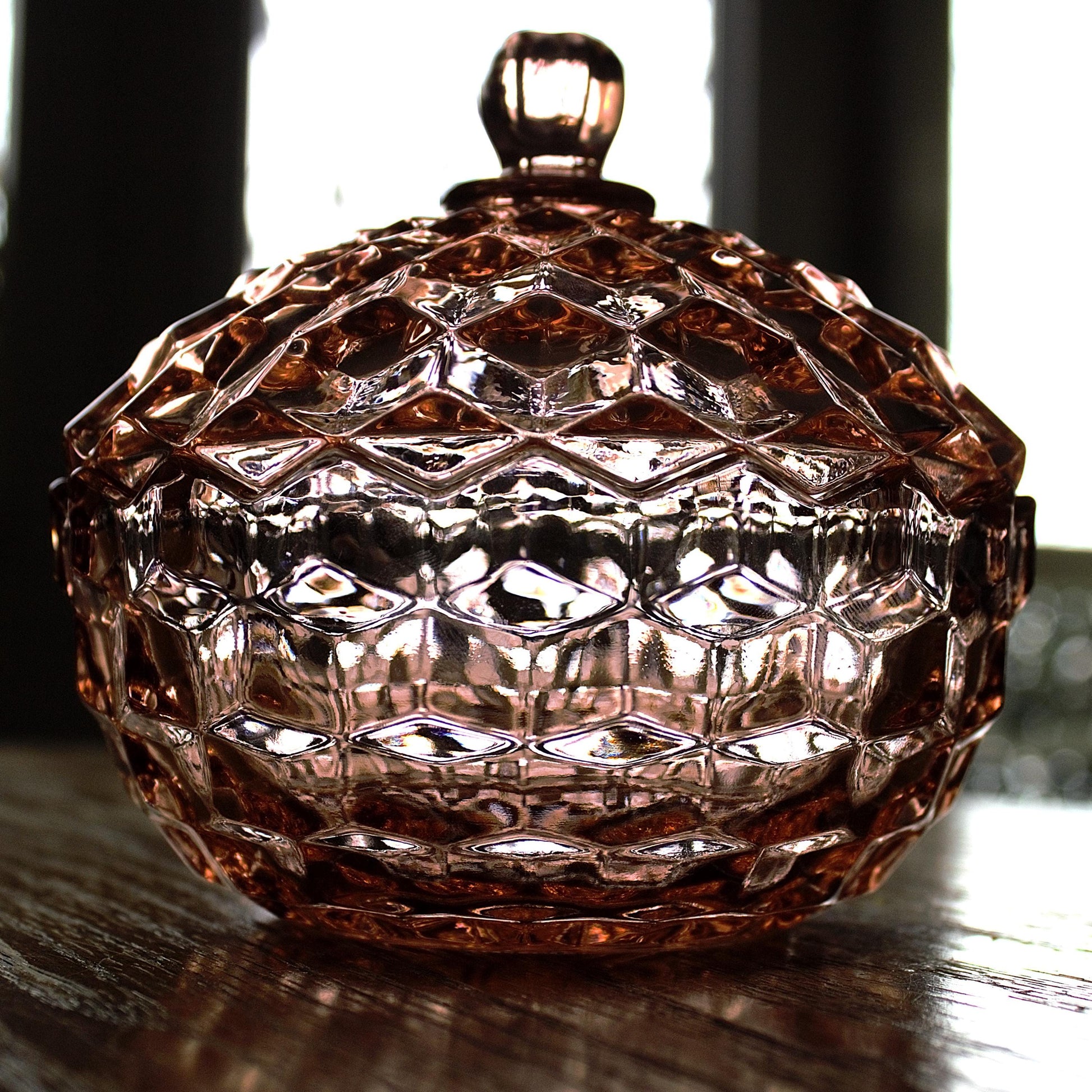 Vintage Whitehall Pink Glass Candy Dish with Lid: Cubist Bowl