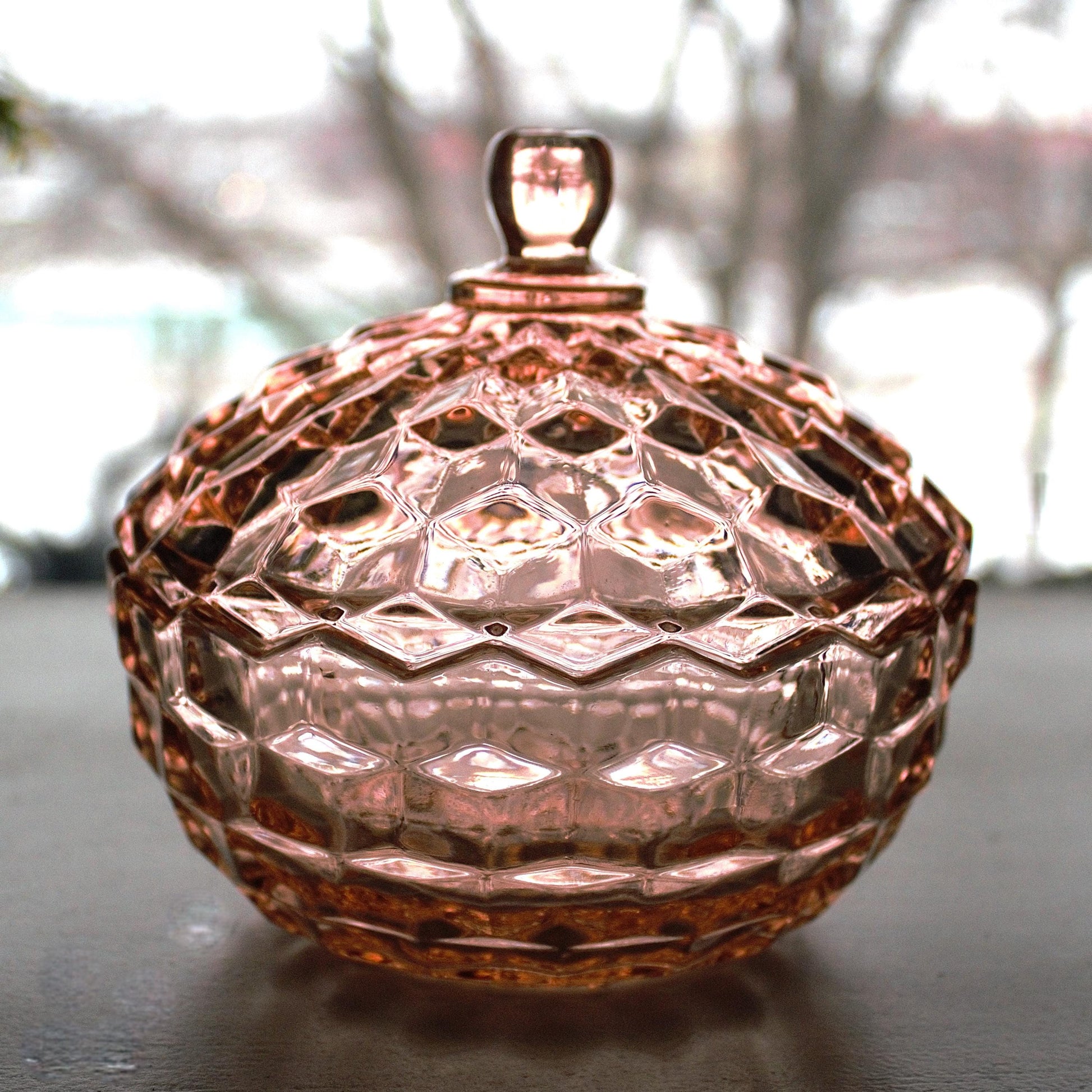 Vintage Whitehall Pink Glass Candy Dish with Lid: Cubist Bowl