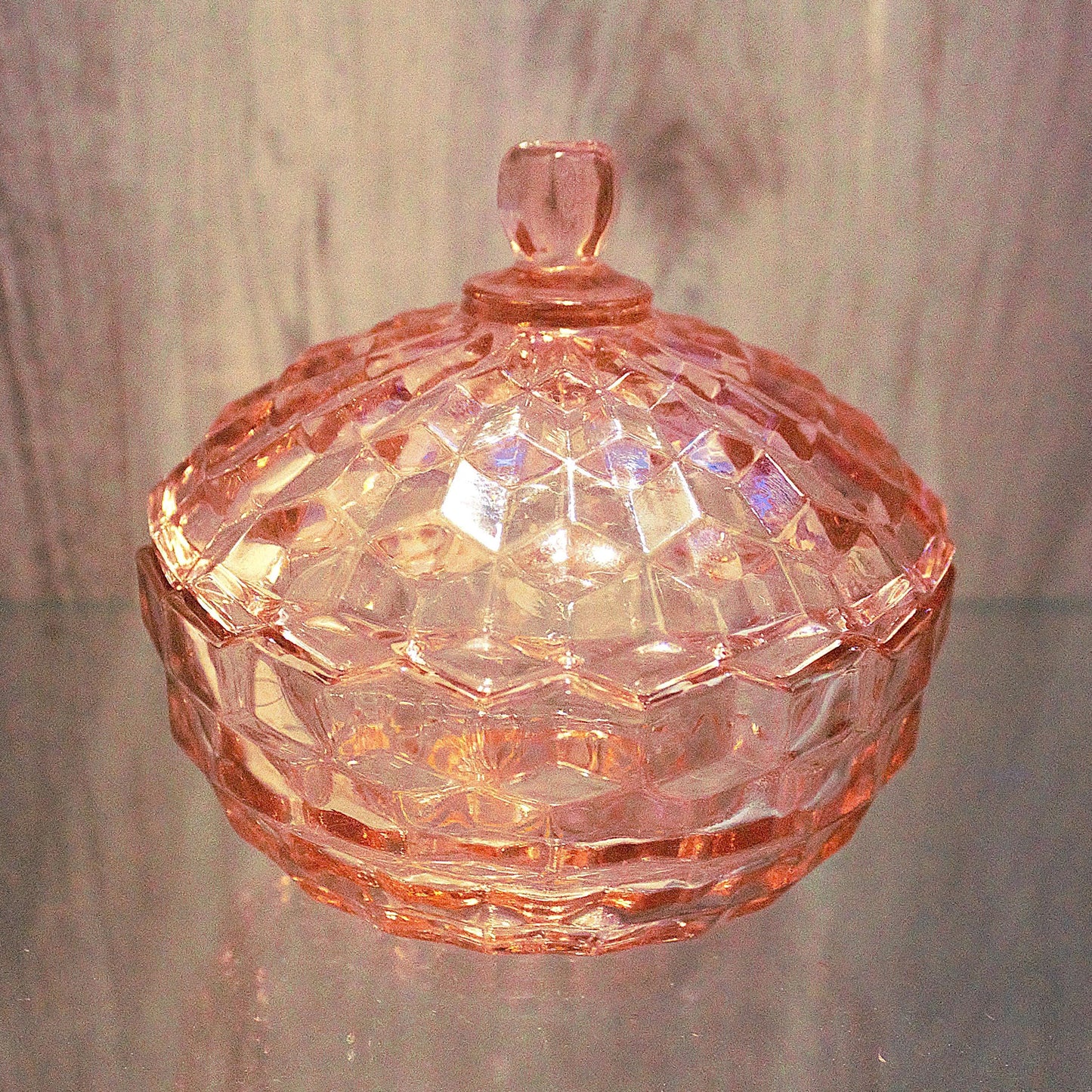 Vintage Whitehall Pink Glass Candy Dish with Lid: Cubist Bowl