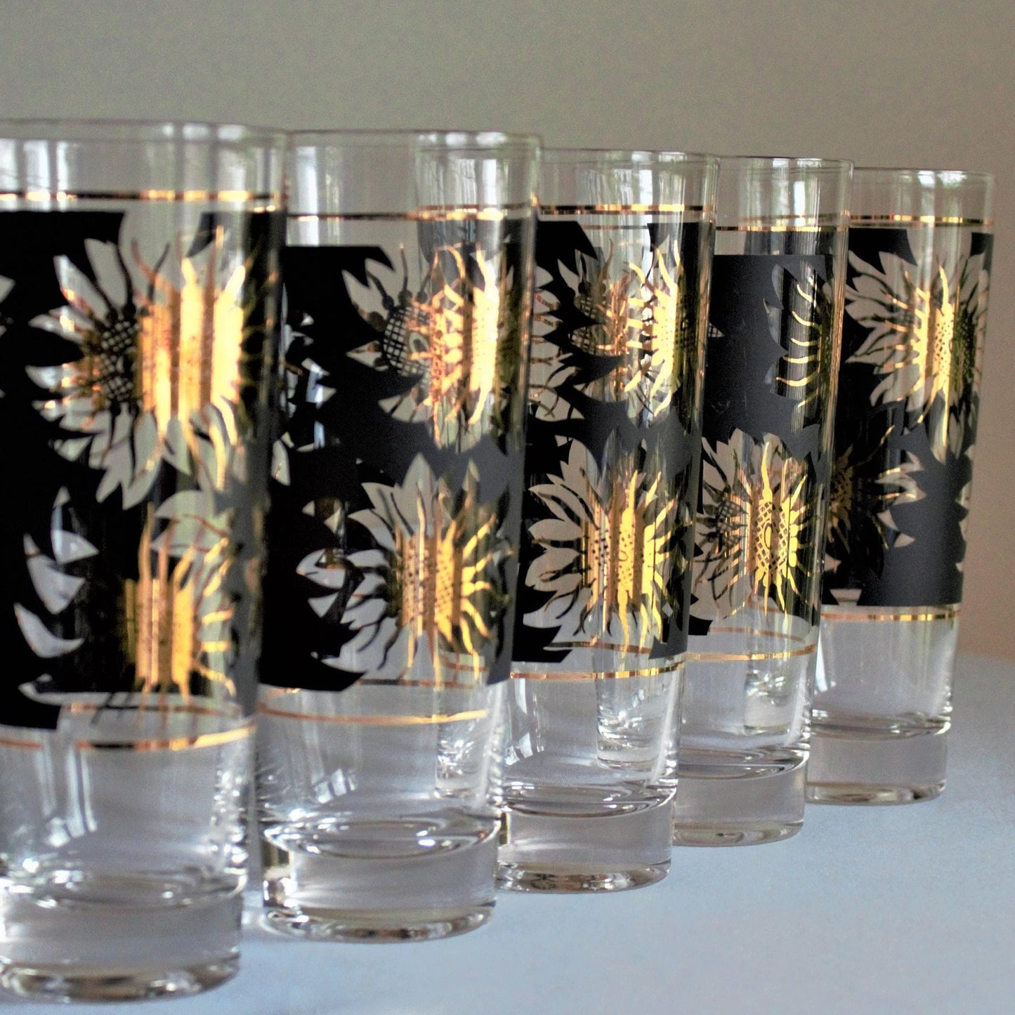 Vintage Gold Sunflower Tumblers: Black Cocktail Glasses, Set of 5