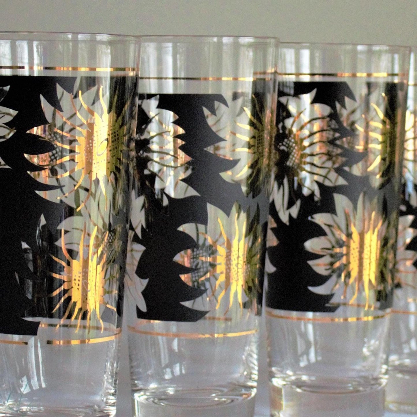 Vintage Gold Sunflower Tumblers: Black Cocktail Glasses, Set of 5