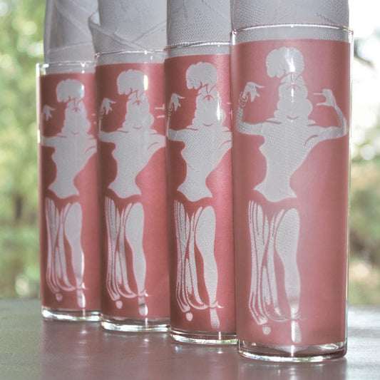 Vintage Frosted Pink Tumblers: Belly Dancer & Snake Charmer Glass Set of four