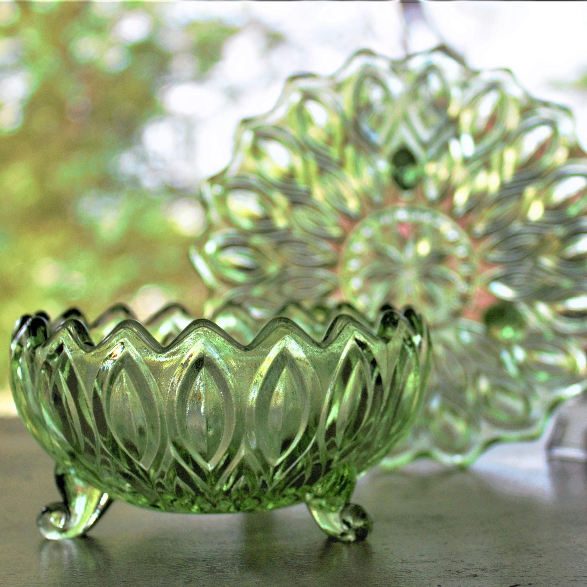 Vintage Green Pressed Glass Bowl & Plate Set: Footed Trinket Dish, 2-piece set