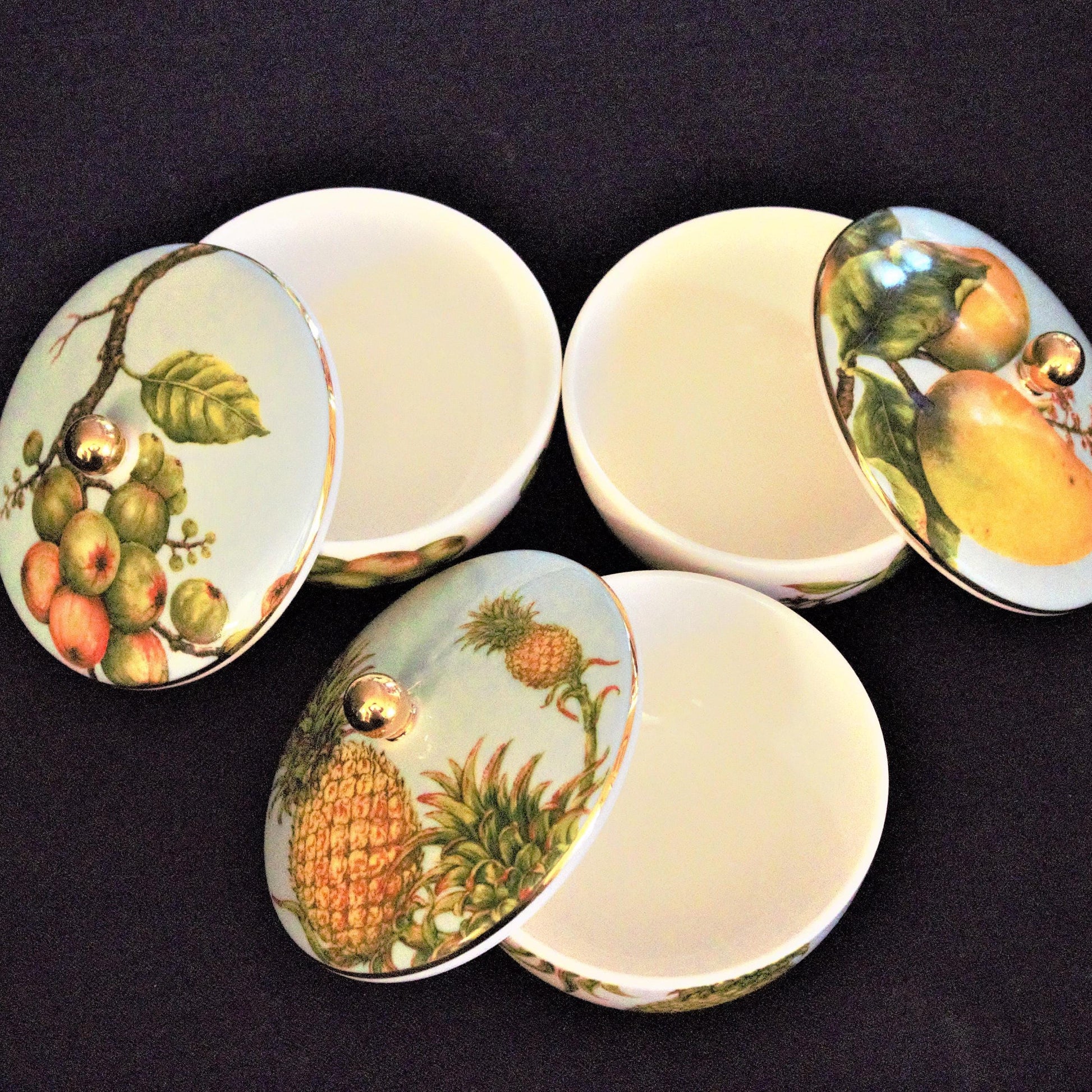 Minh Long Porcelain Bowls with Lids: Hand-Painted Fruit Design, Set of 3