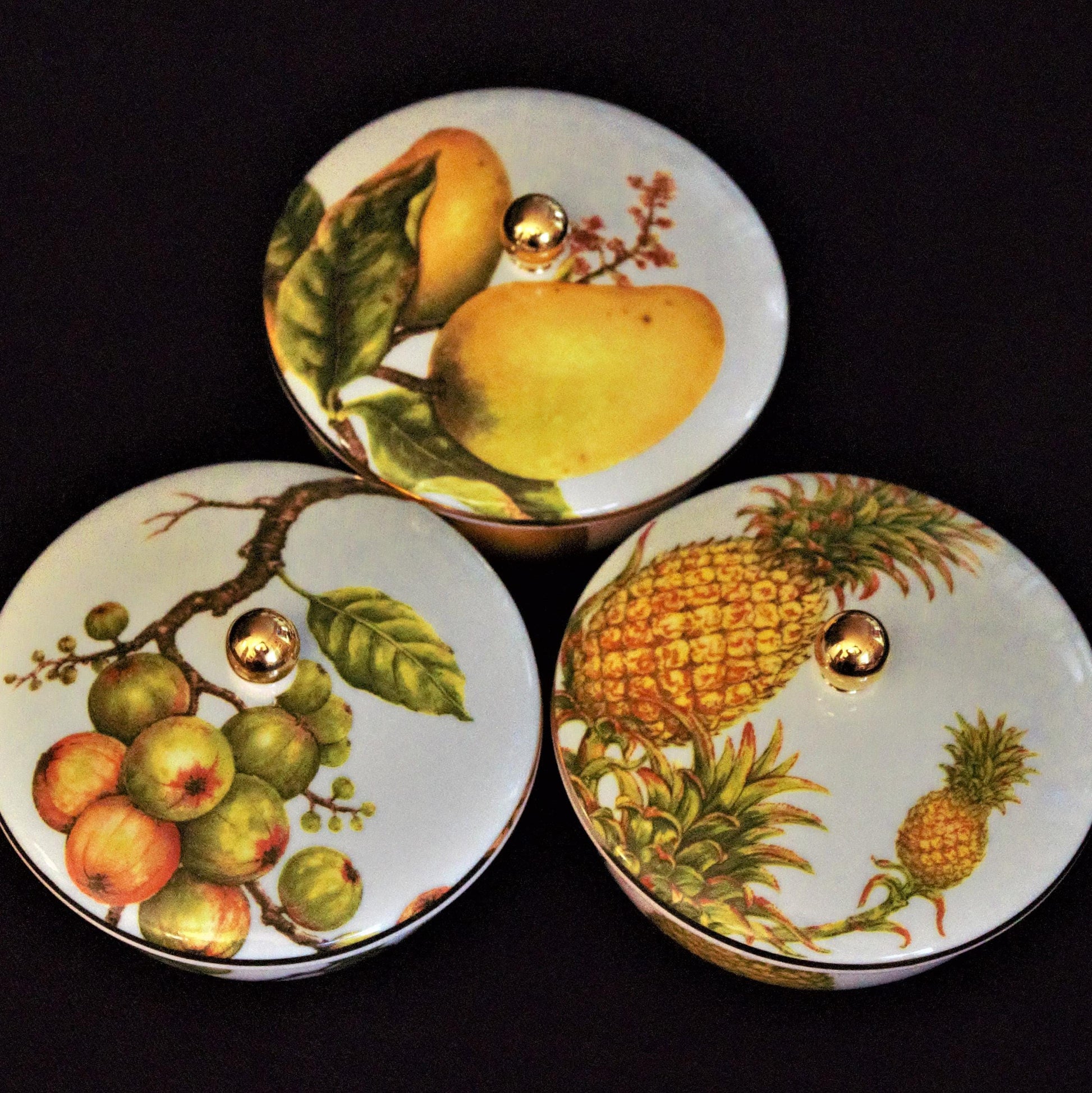 Minh Long Porcelain Bowls with Lids: Hand-Painted Fruit Design, Set of 3