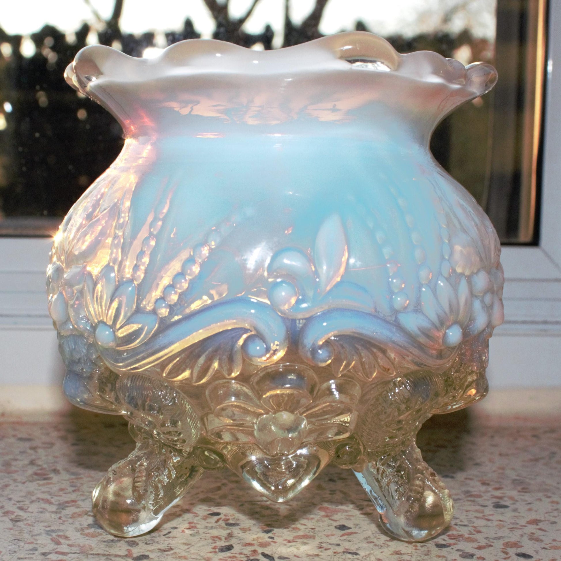 Antique Sowerby Opalescent Glass Rose Bowl: Piasa Bird, Tri-Footed