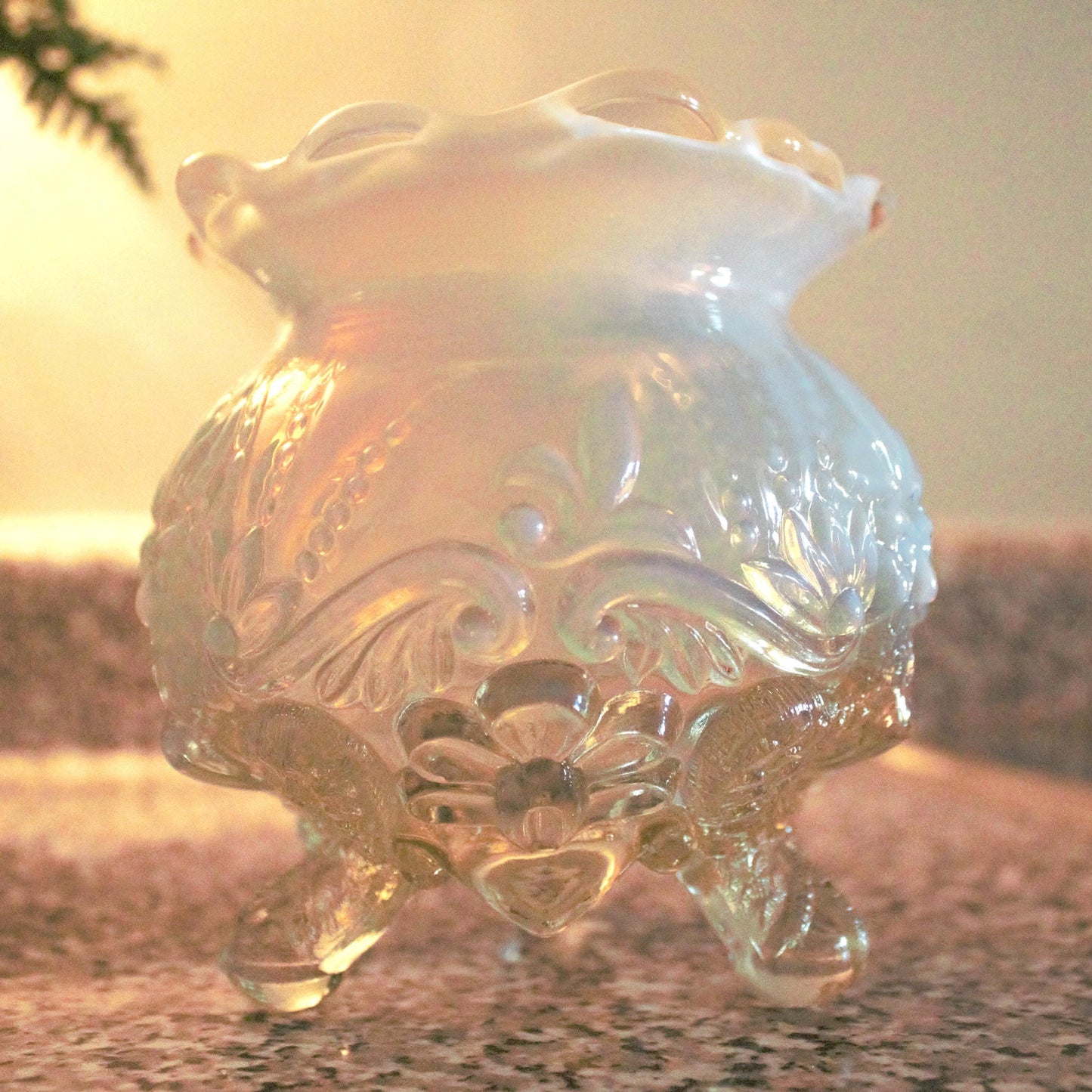 Antique Sowerby Opalescent Glass Rose Bowl: Piasa Bird, Tri-Footed