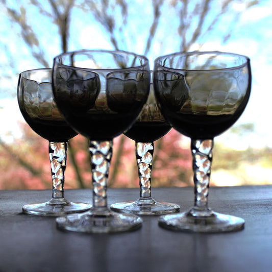 Vintage Smokey Black Cordial Glasses: MCM Twisted Stem Barware, Set of 4