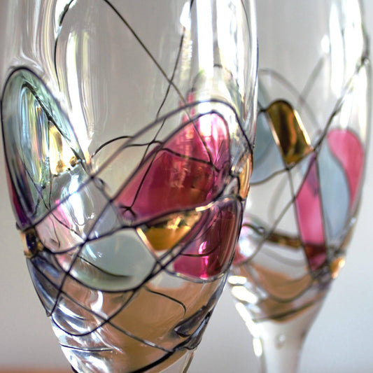 Pink and Gold Champagne Flutes: Fostoria Galleria Milano Mosaic, Set of 2