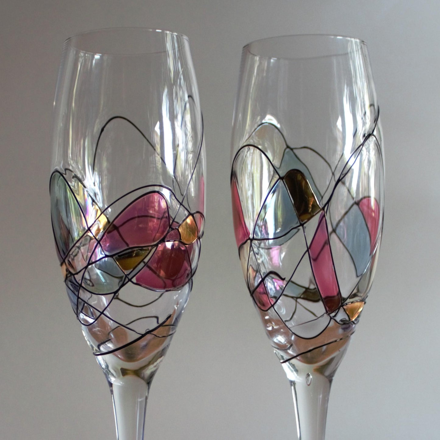 Pink and Gold Champagne Flutes: Fostoria Galleria Milano Mosaic, Set of 2