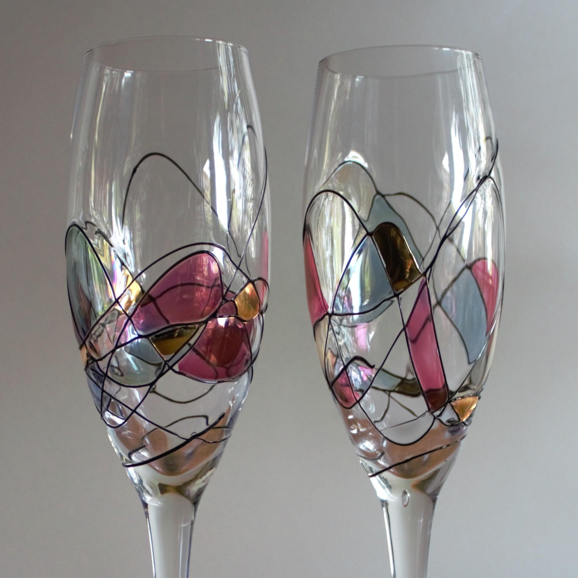 Pink and Gold Champagne Flutes: Fostoria Galleria Milano Mosaic, Set of 2