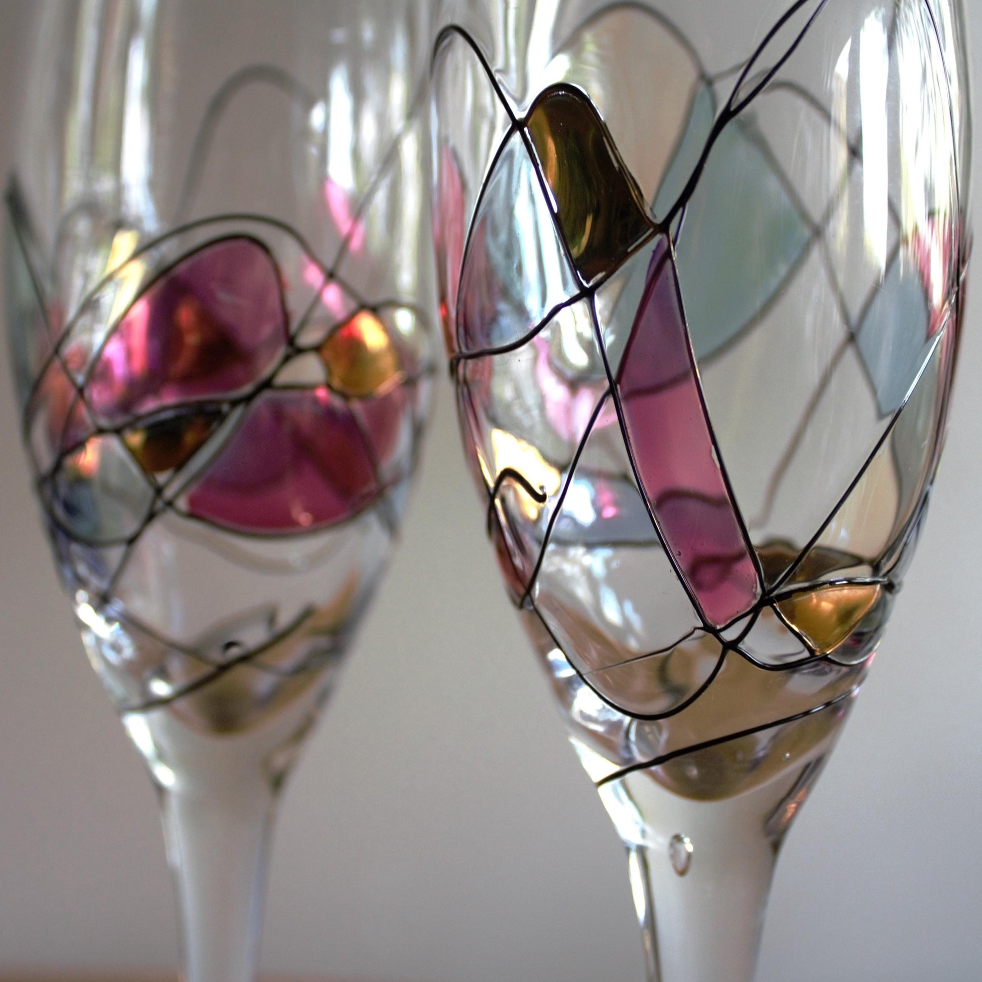 Pink and Gold Champagne Flutes: Fostoria Galleria Milano Mosaic, Set of 2