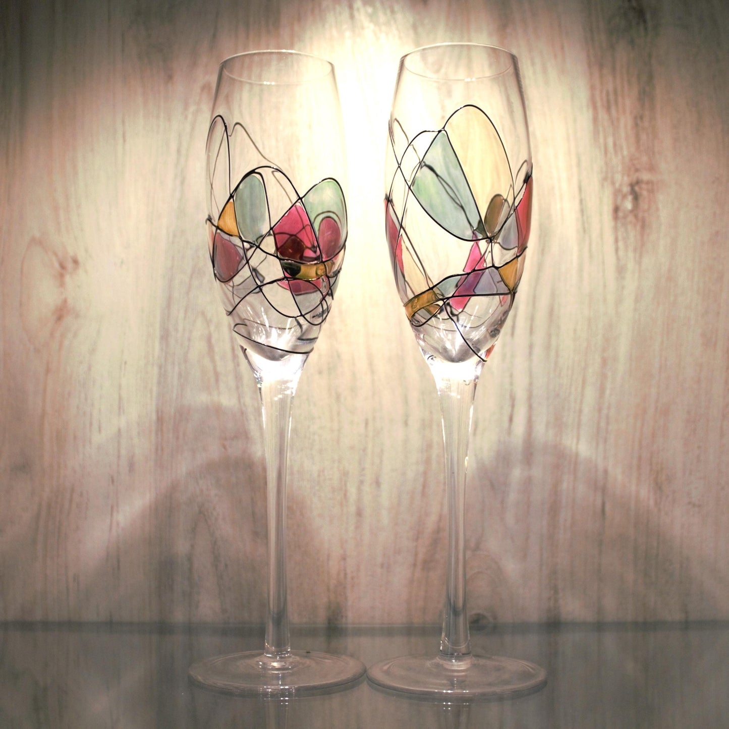 Pink and Gold Champagne Flutes: Fostoria Galleria Milano Mosaic, Set of 2