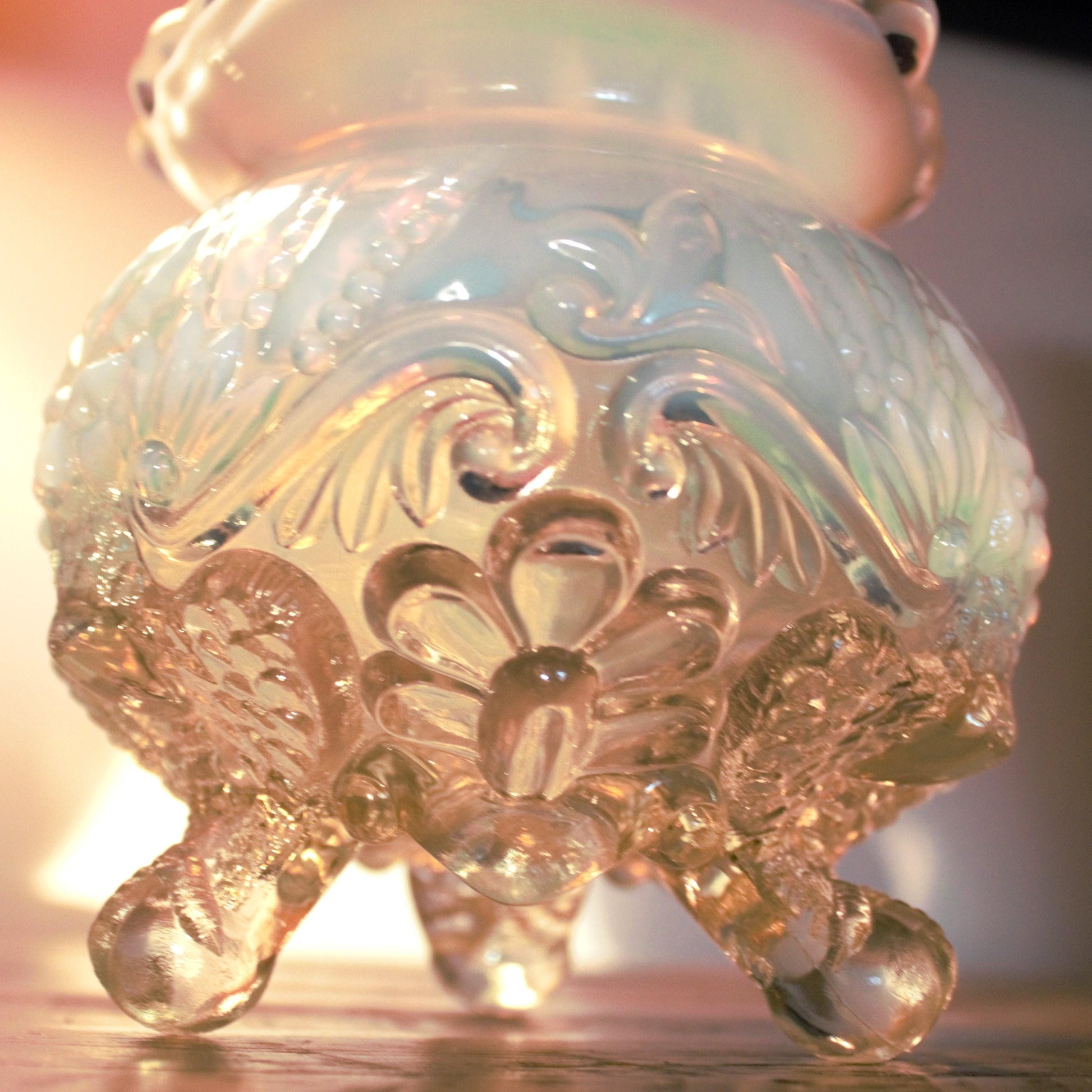 Antique Sowerby Opalescent Glass Rose Bowl: Piasa Bird, Tri-Footed