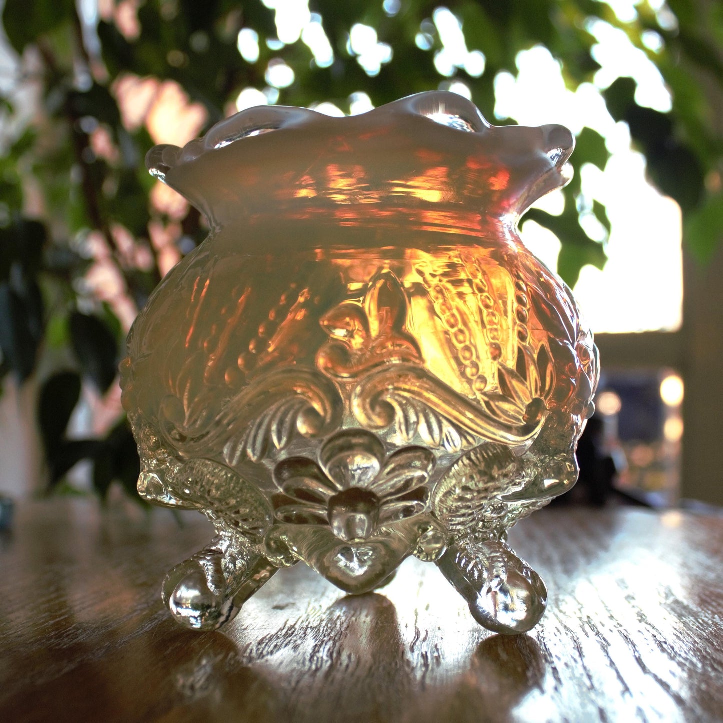 Antique Sowerby Opalescent Glass Rose Bowl: Piasa Bird, Tri-Footed