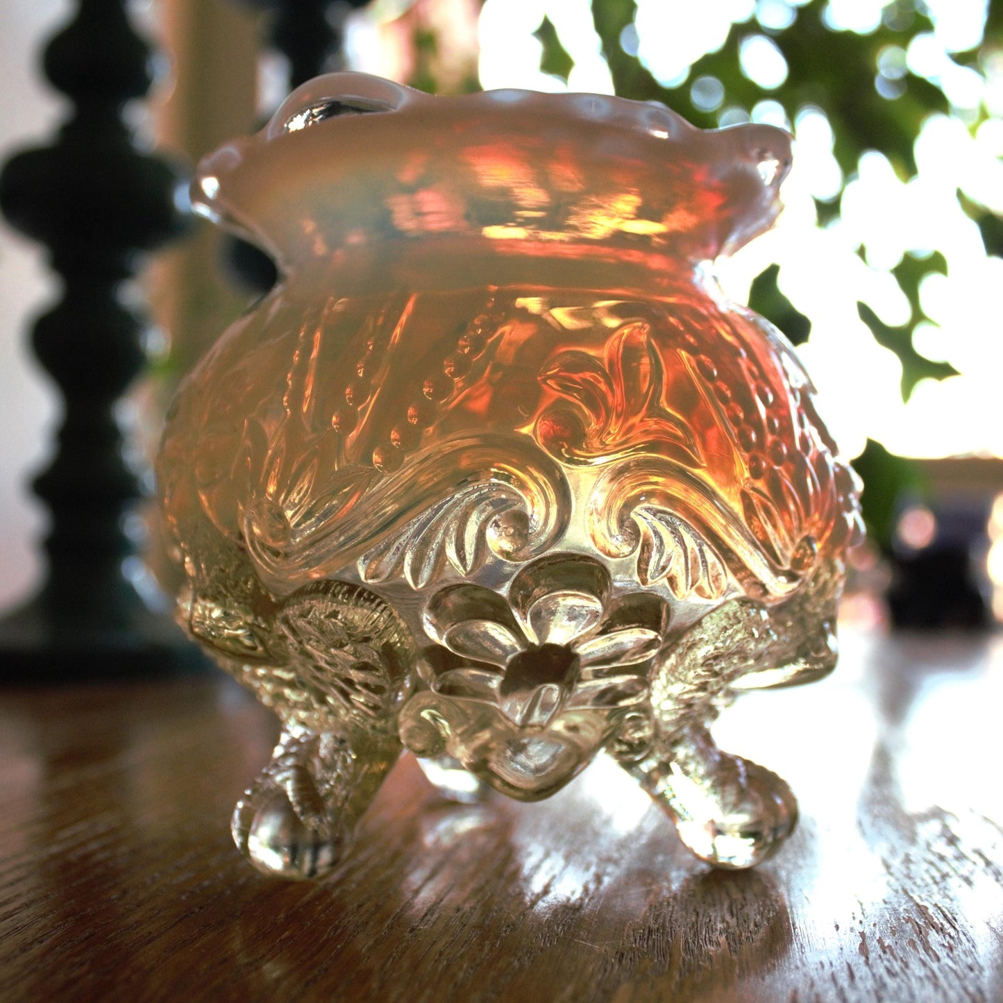 Antique Sowerby Opalescent Glass Rose Bowl: Piasa Bird, Tri-Footed