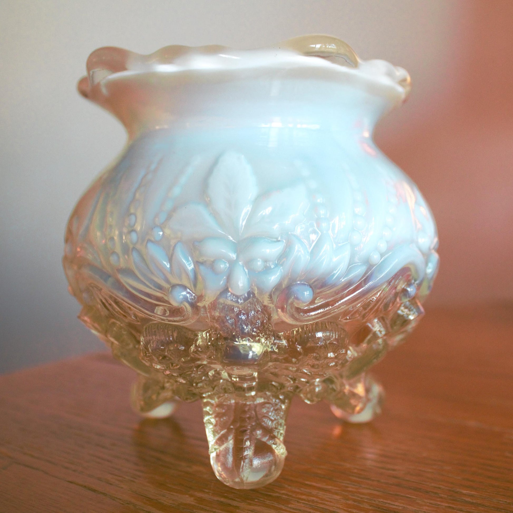 Antique Sowerby Opalescent Glass Rose Bowl: Piasa Bird, Tri-Footed
