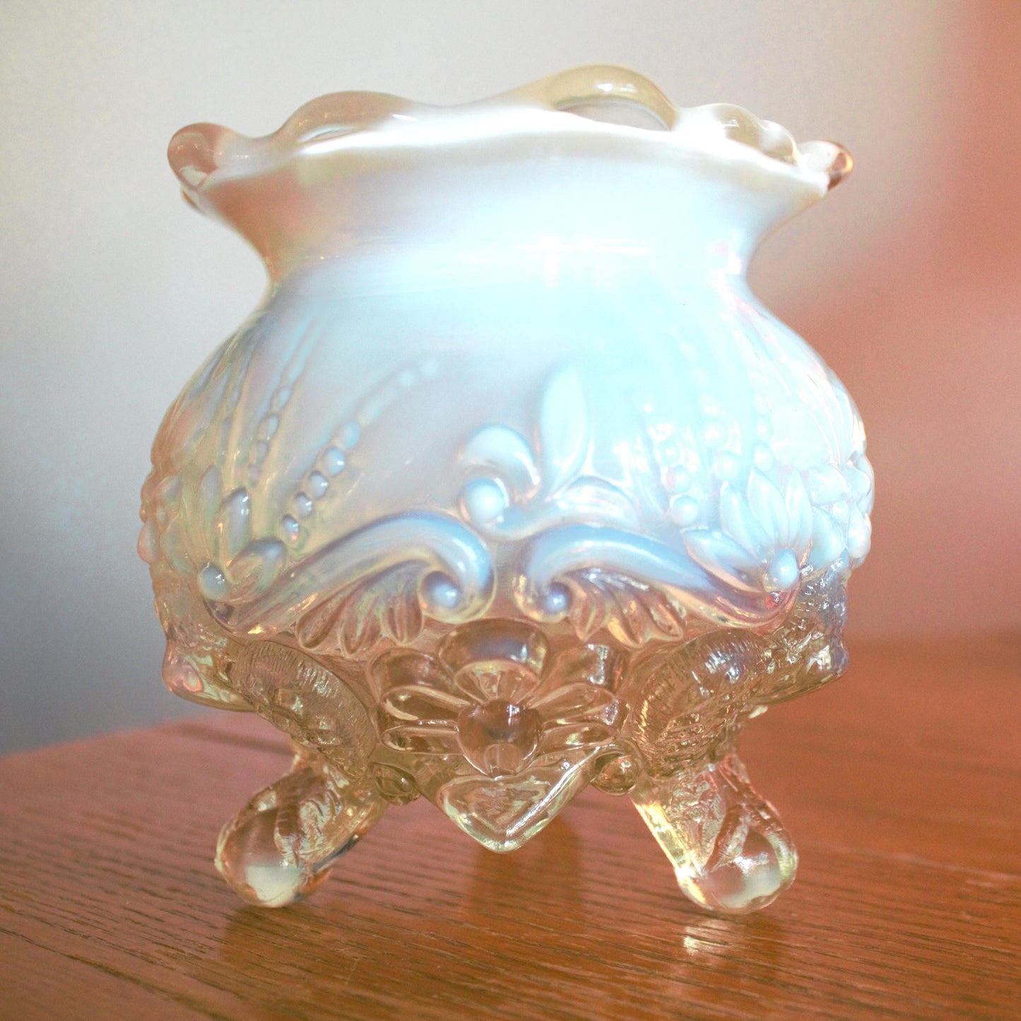 Antique Sowerby Opalescent Glass Rose Bowl: Piasa Bird, Tri-Footed