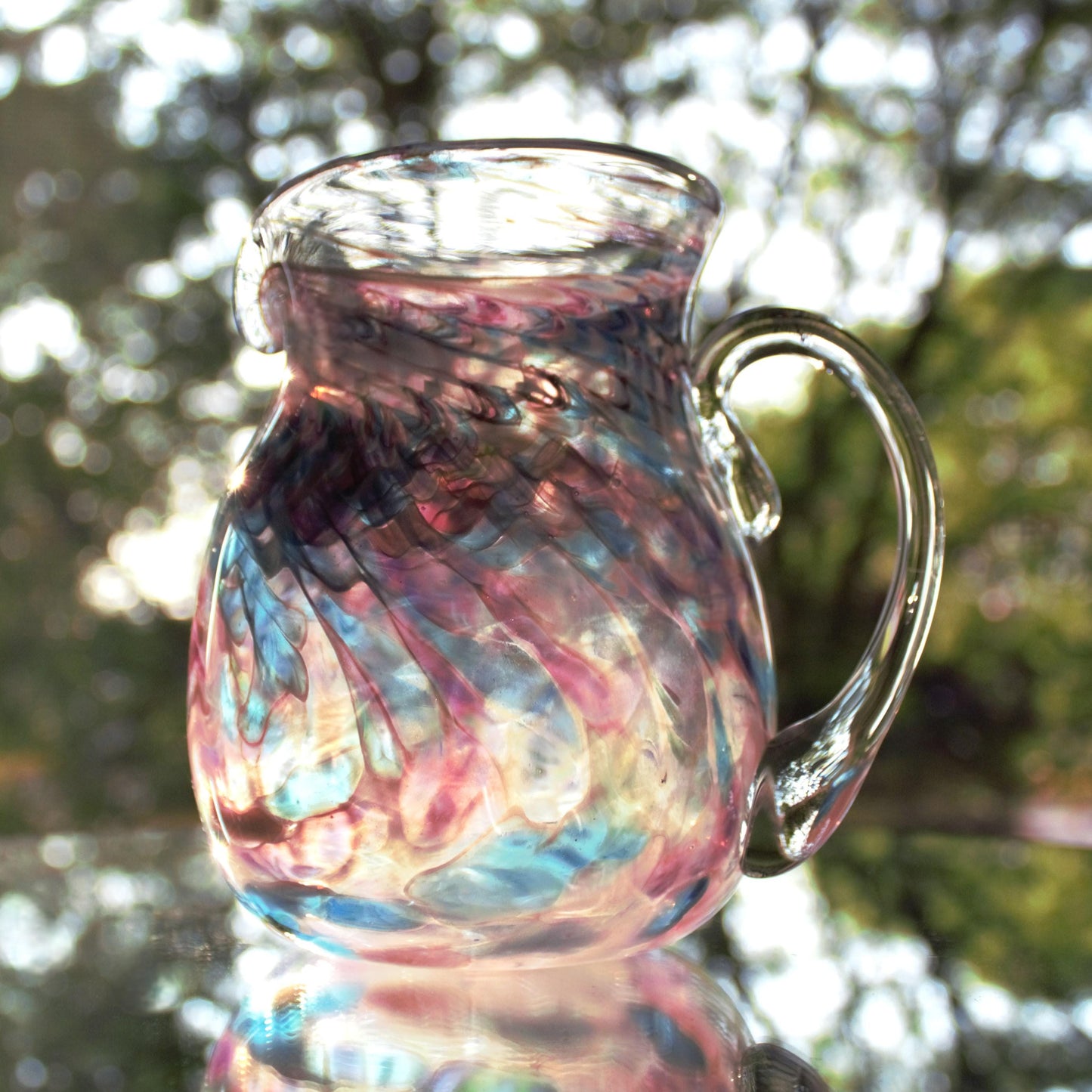 Handblown Glass Pitcher: Swirled Purple, Pink & Teal Vase