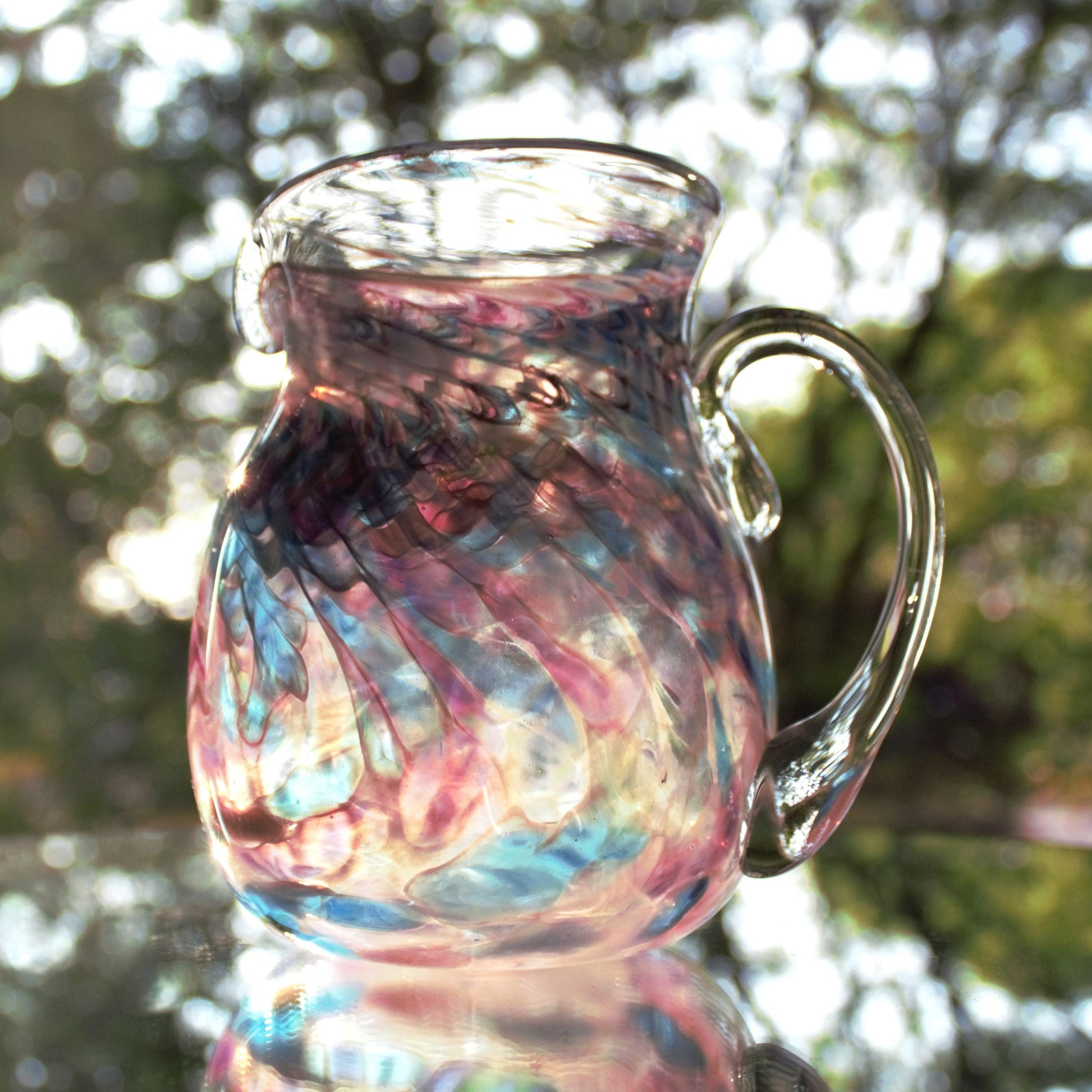 Handblown Glass Pitcher: Swirled Purple, Pink & Teal Vase
