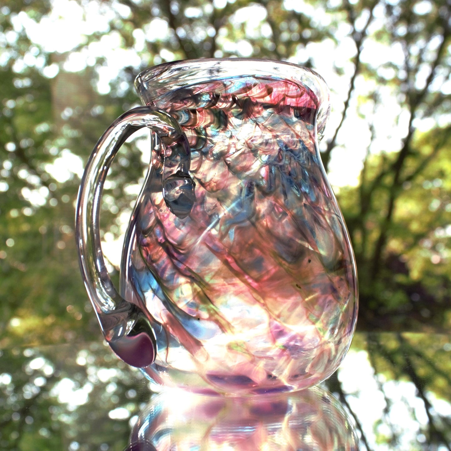 Handblown Glass Pitcher: Swirled Purple, Pink & Teal Vase