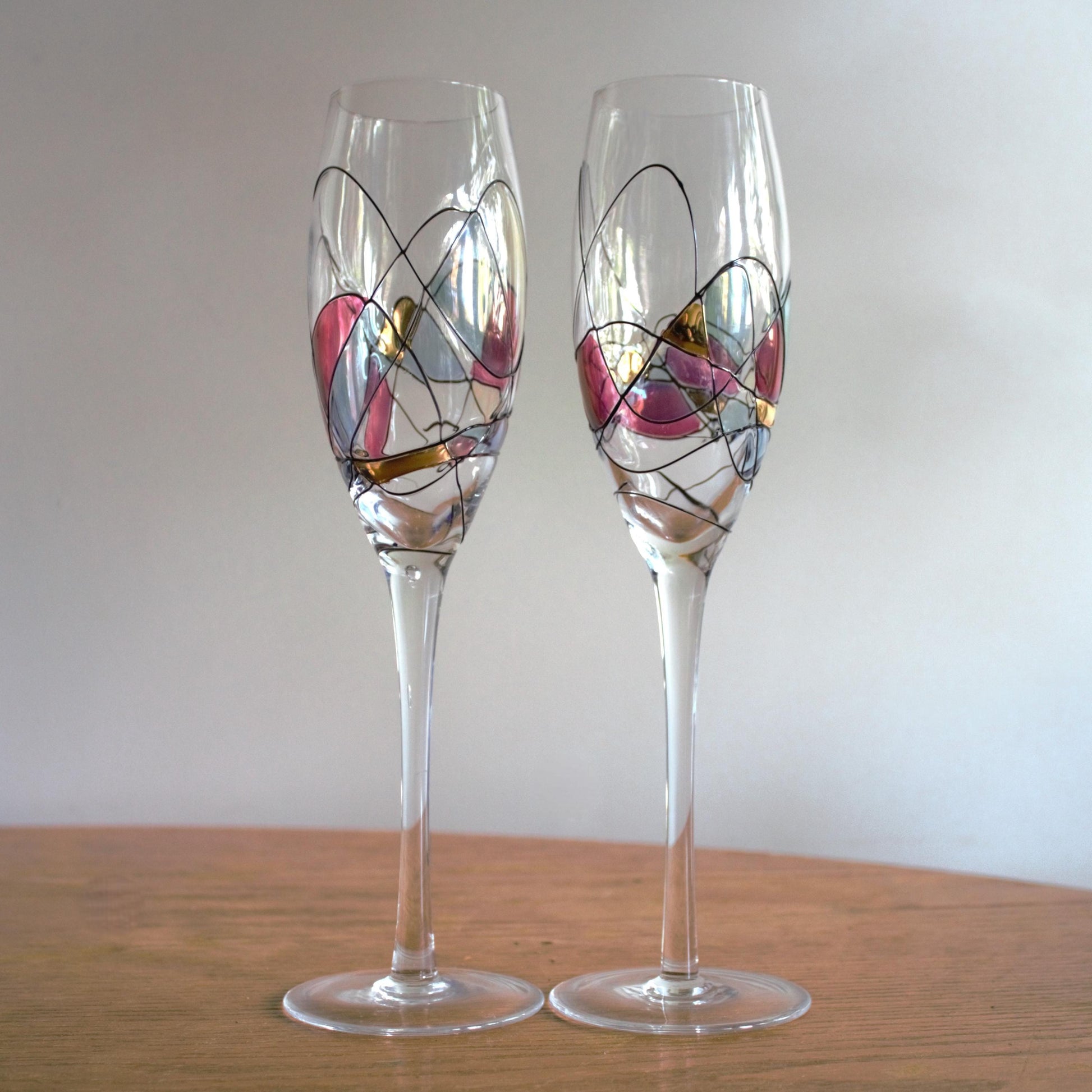 Pink and Gold Champagne Flutes: Fostoria Galleria Milano Mosaic, Set of 2