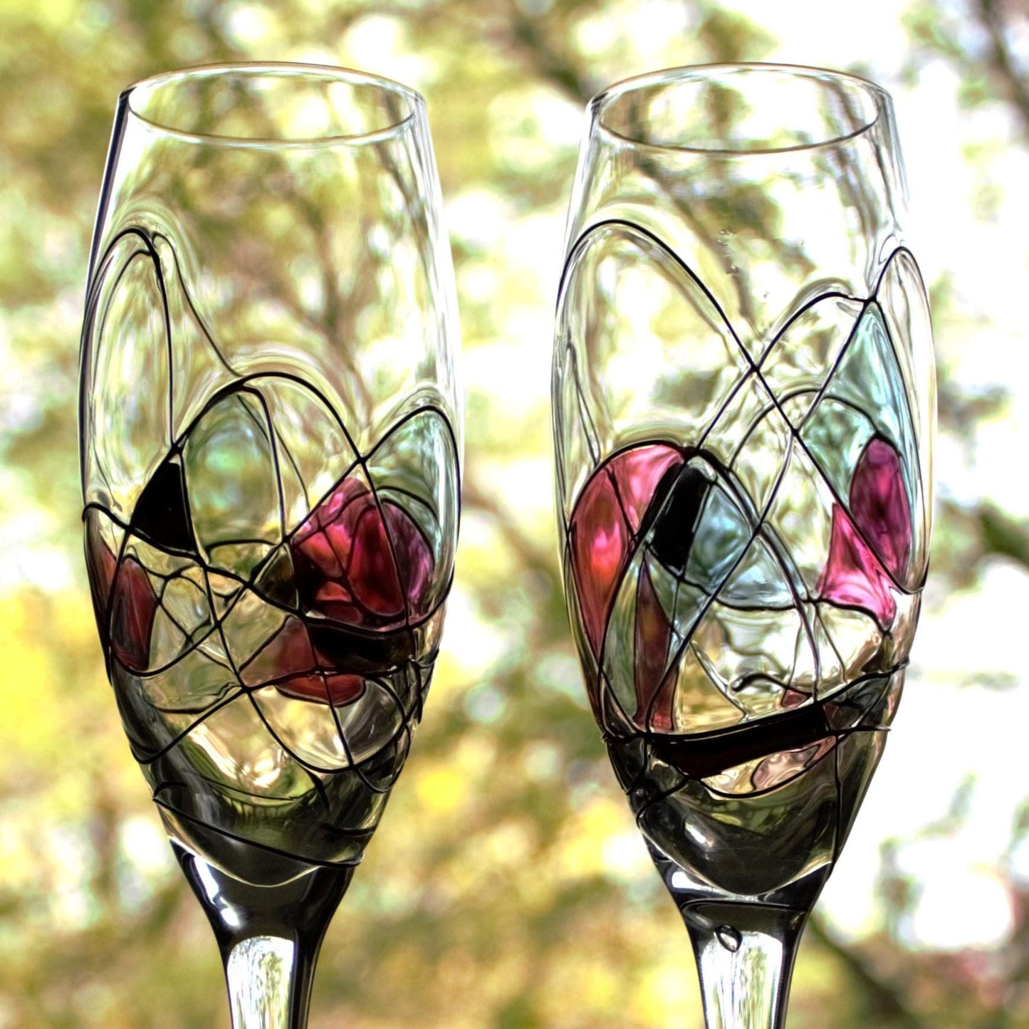 Pink and Gold Champagne Flutes: Fostoria Galleria Milano Mosaic, Set of 2