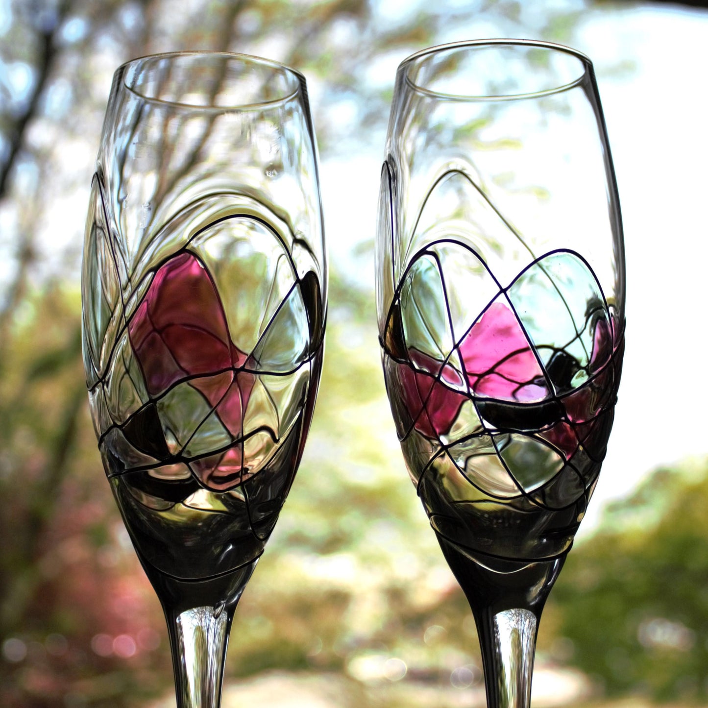 Pink and Gold Champagne Flutes: Fostoria Galleria Milano Mosaic, Set of 2
