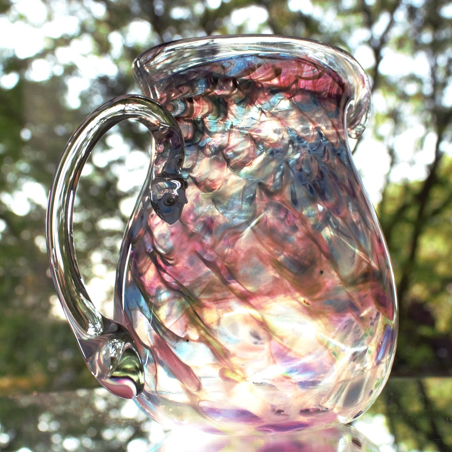 Handblown Glass Pitcher: Swirled Purple, Pink & Teal Vase