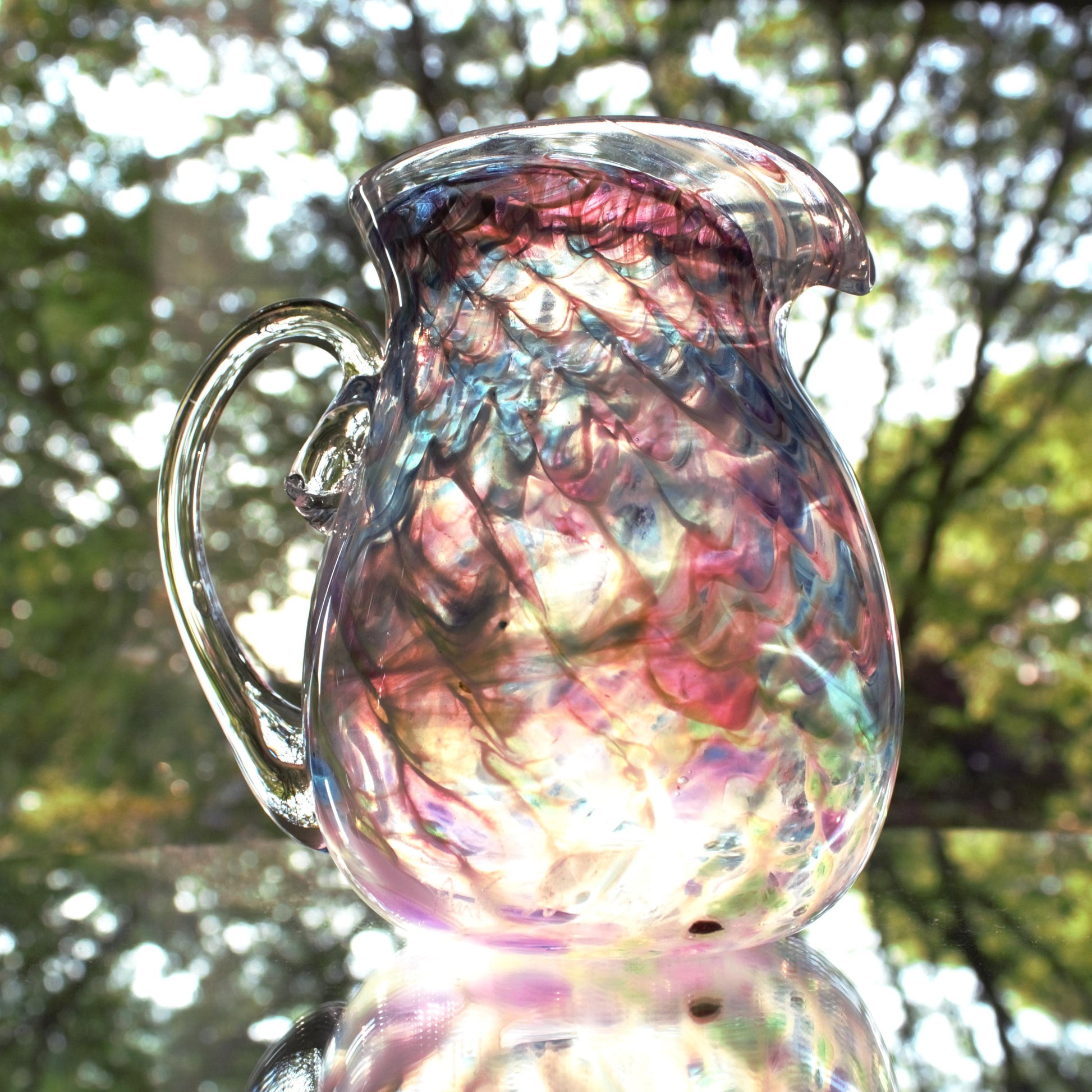 Handblown Glass Pitcher: Swirled Purple, Pink & Teal Vase