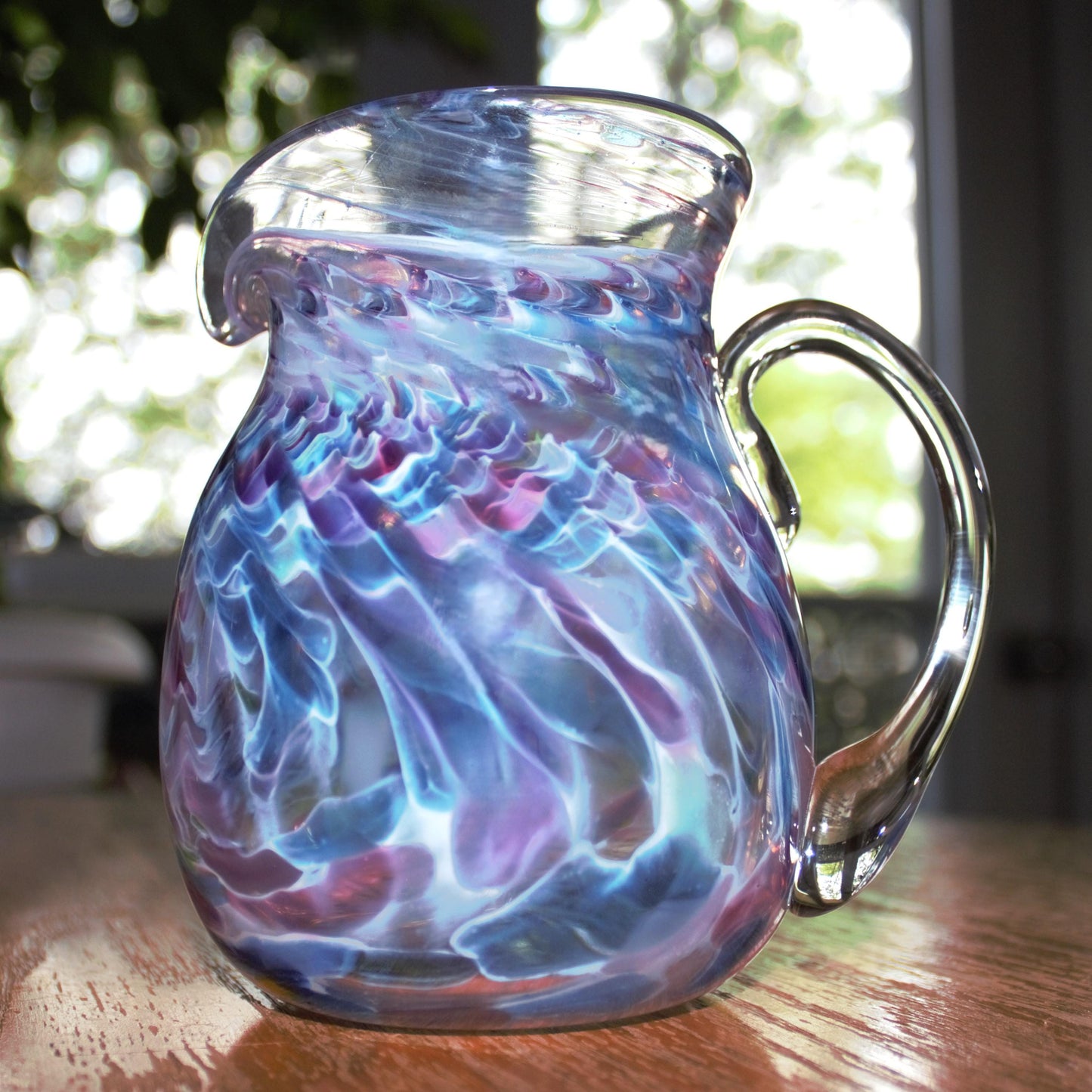 Handblown Glass Pitcher: Swirled Purple, Pink & Teal Vase