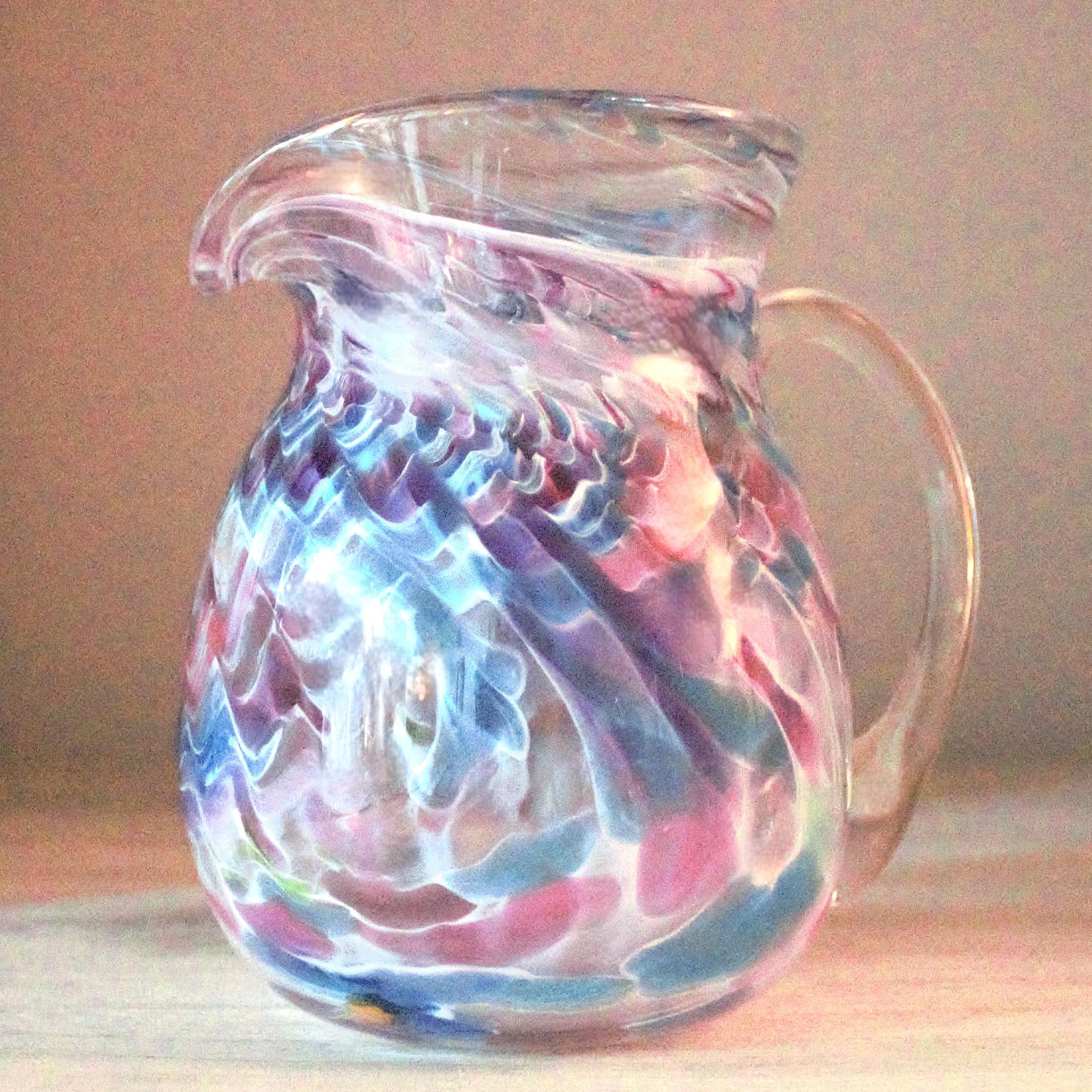 Handblown Glass Pitcher: Swirled Purple, Pink & Teal Vase