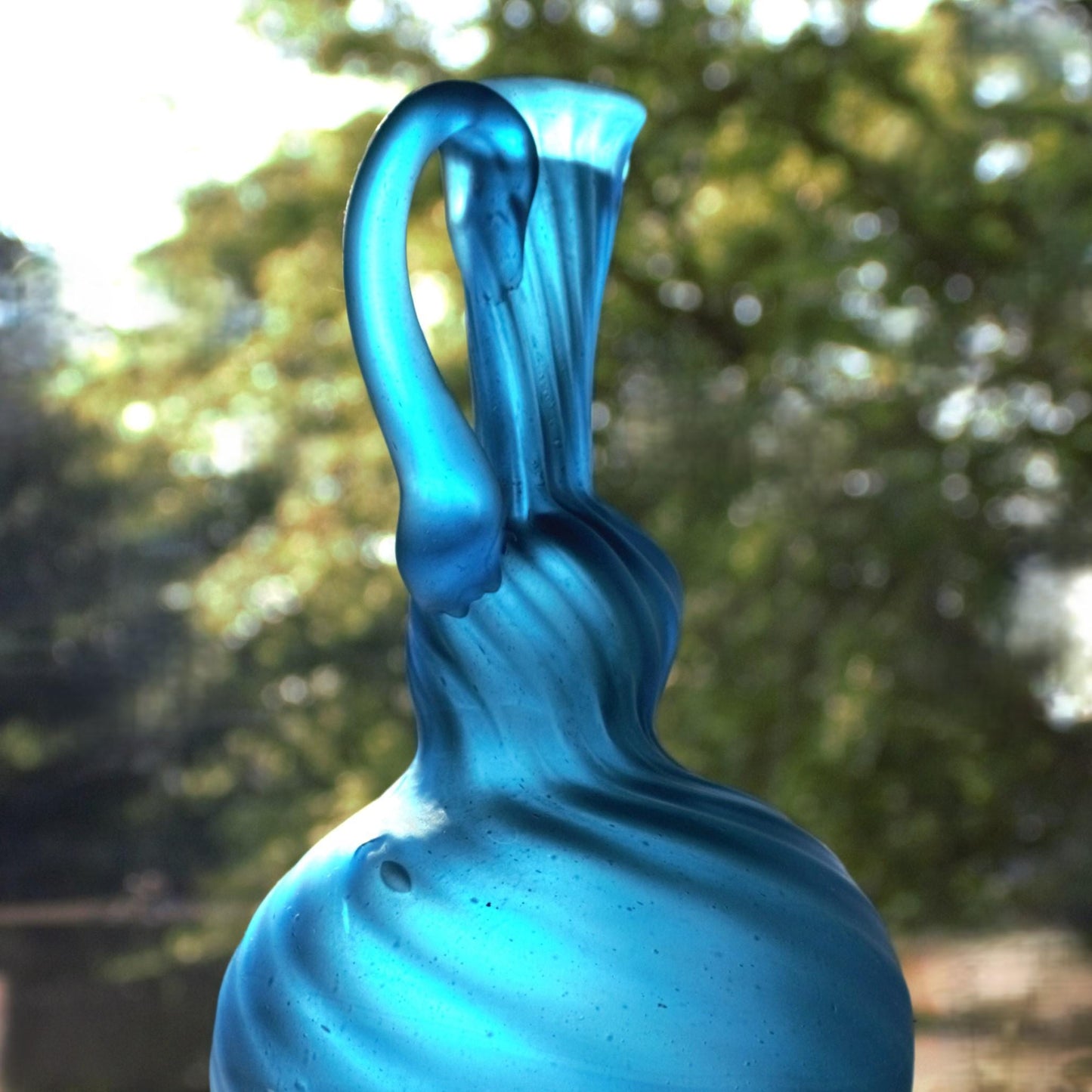 Hand Blown Teal Glass Vase: Art Glass Pitcher with Pontil Mark