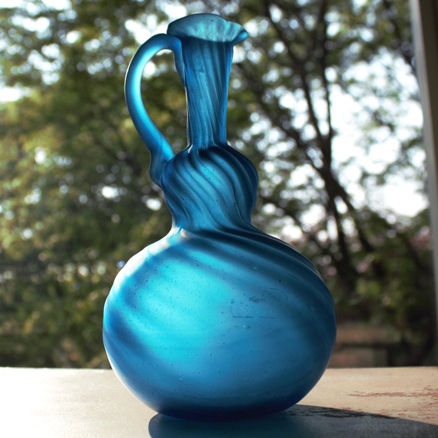 Hand Blown Teal Glass Vase: Art Glass Pitcher with Pontil Mark