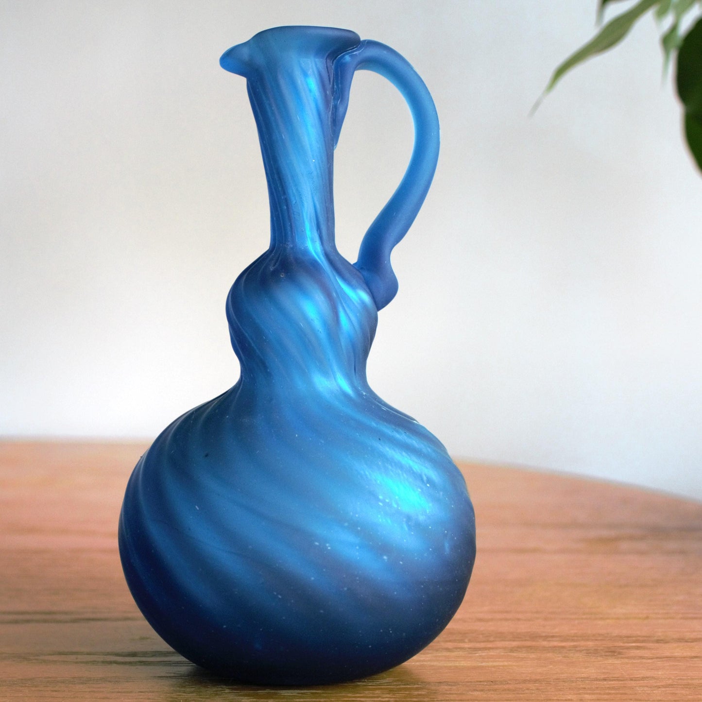 Hand Blown Teal Glass Vase: Art Glass Pitcher with Pontil Mark